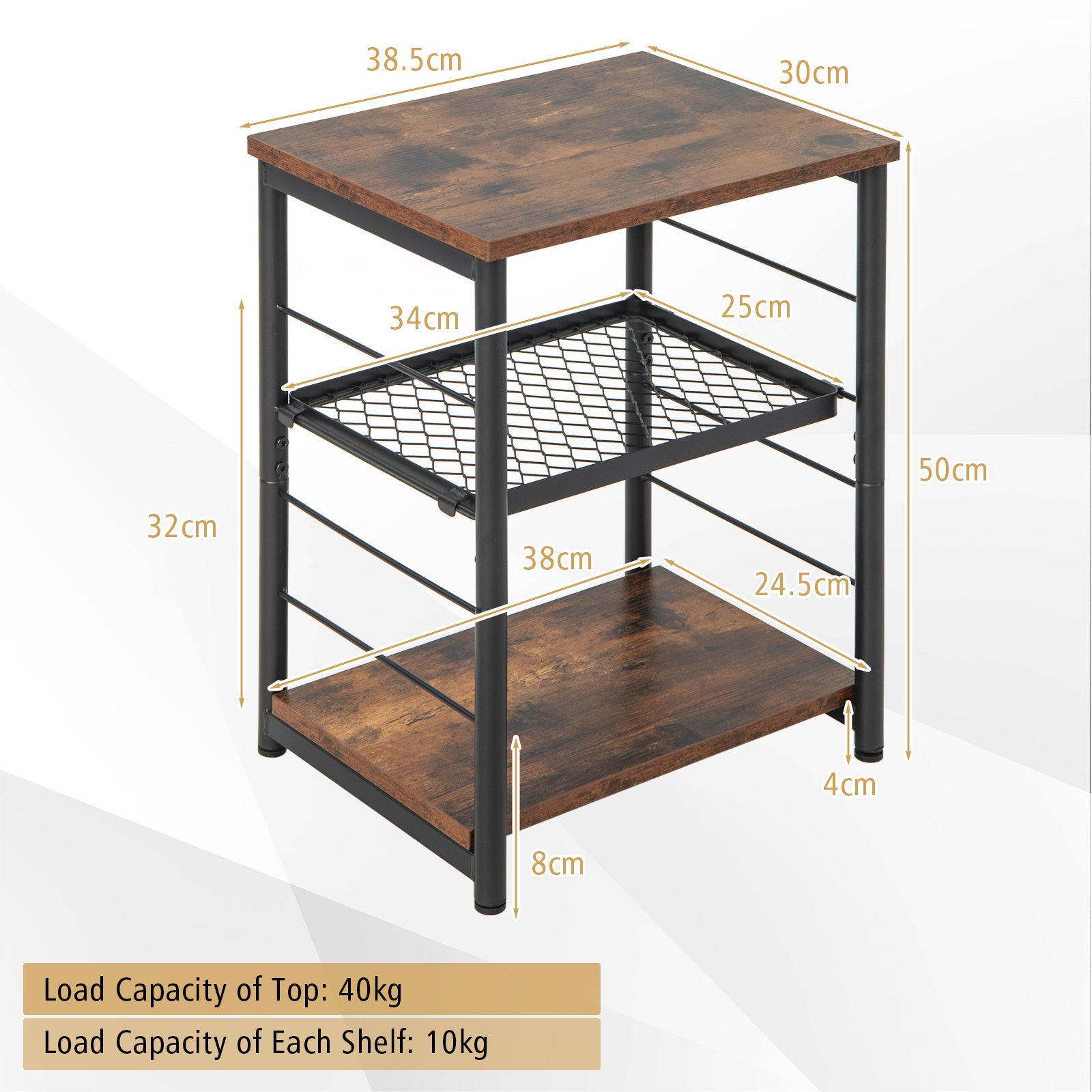 3-Tier Side Table with Adjustable Mesh Shelf for Living Room Bedroom-Rustic Brown