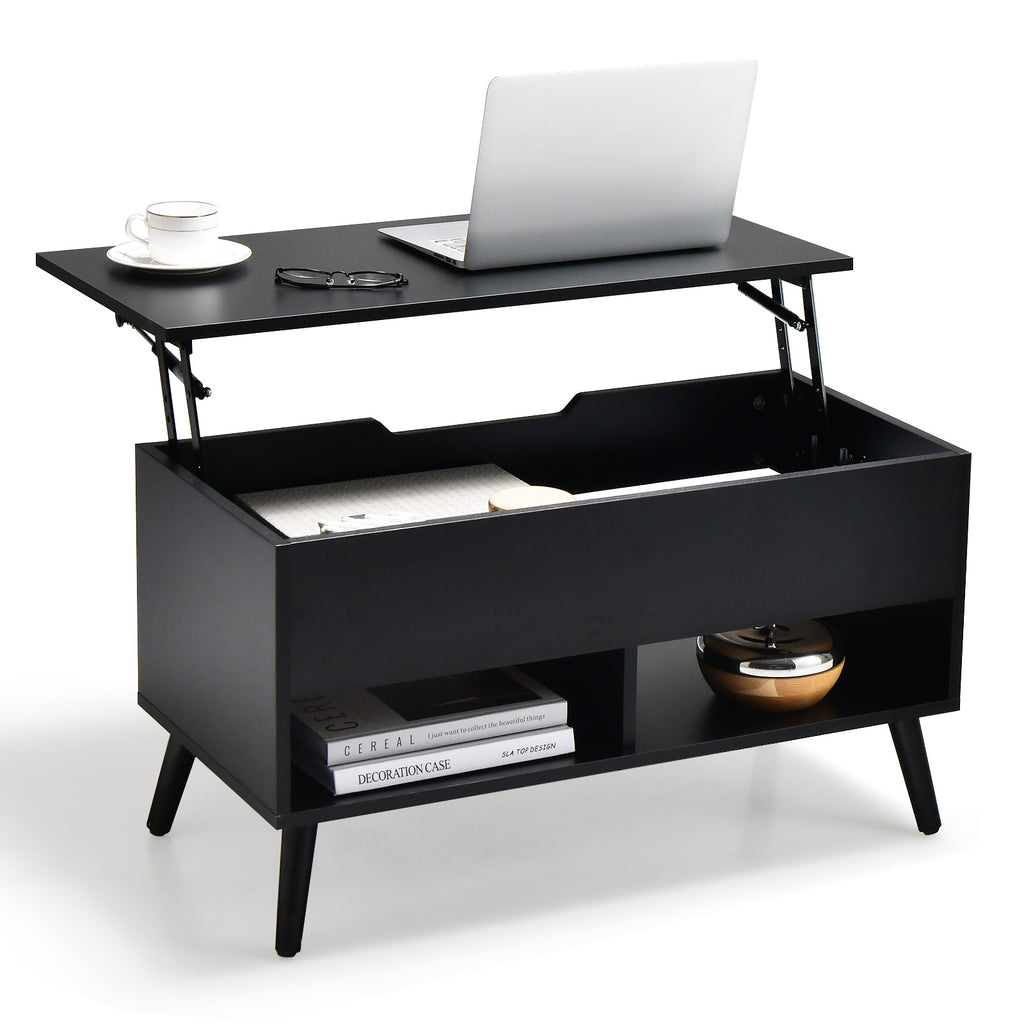 Lift Up Top Coffee Table with Hidden Storage Compartment and Open Shelf-Black