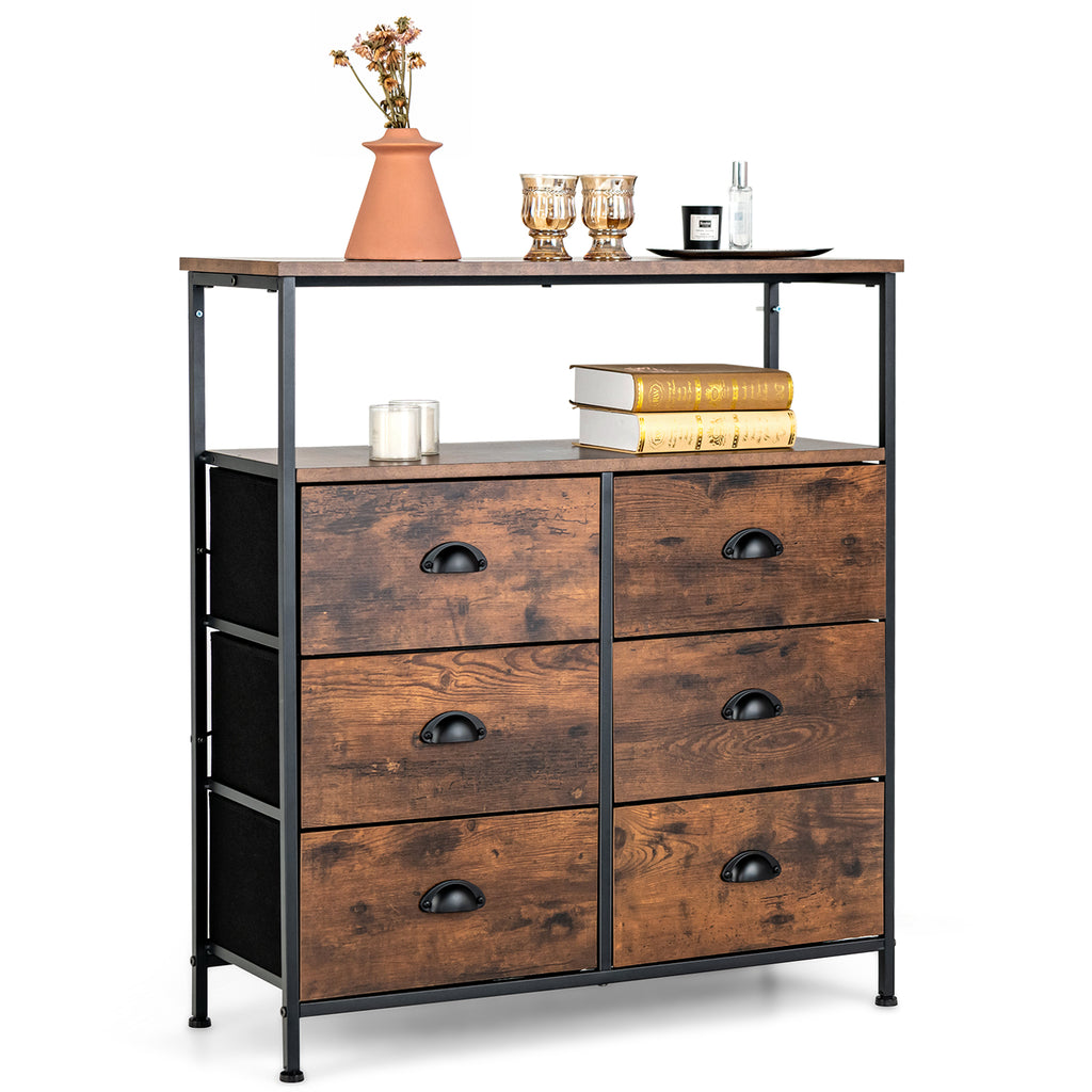 2-Tier Dresser with 6 Removable Fabric Drawers and Wooden Top-Rustic Brown