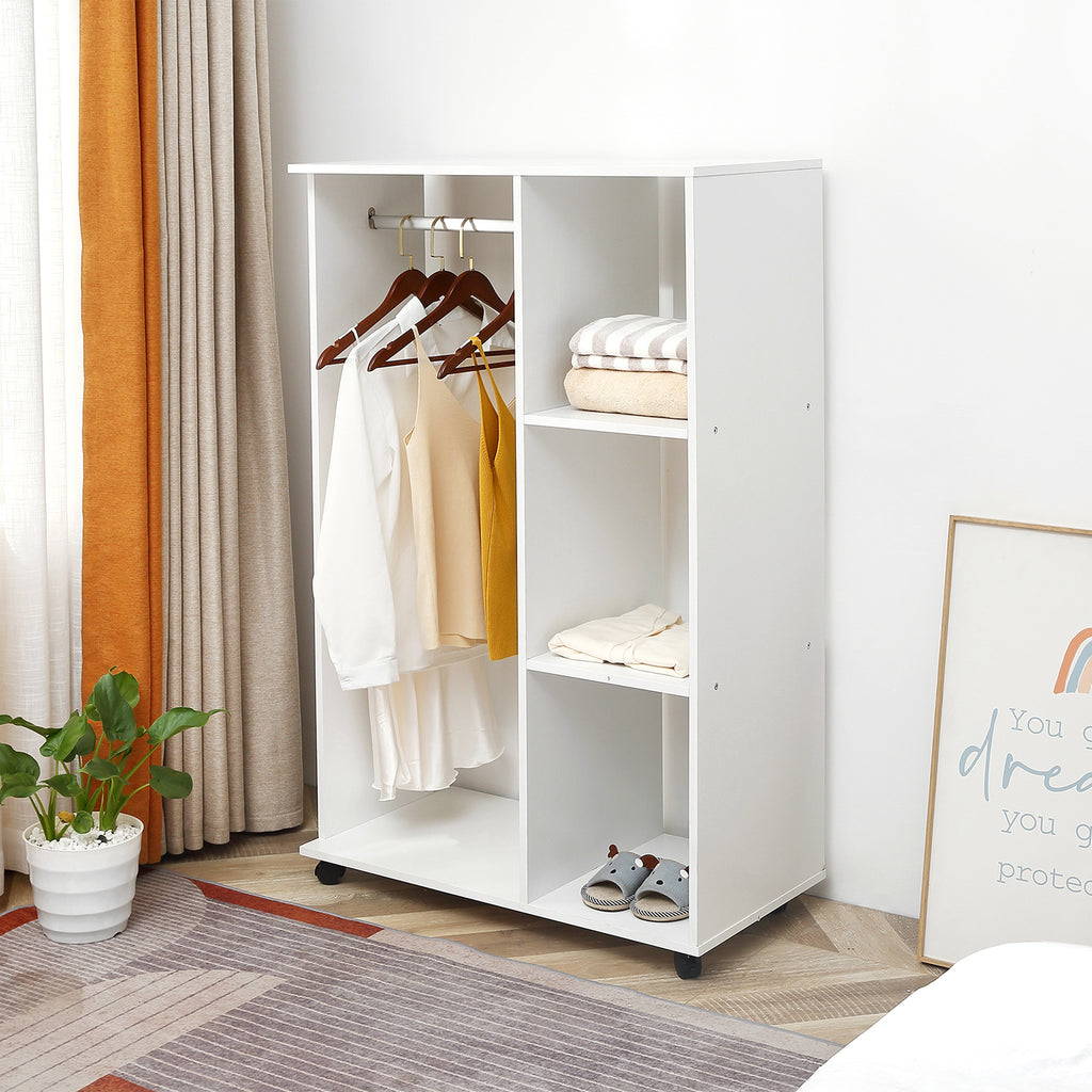 HOMCOM Open Wardrobe with Hanging Rail and Storage Shelves w/Wheels Bedroom-White - Inspirely