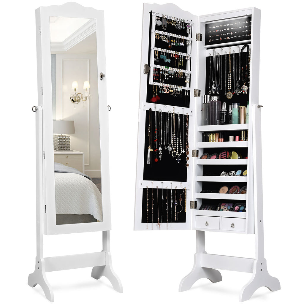 Freestanding Jewelry Cabinet with Adjustable Mirror-White