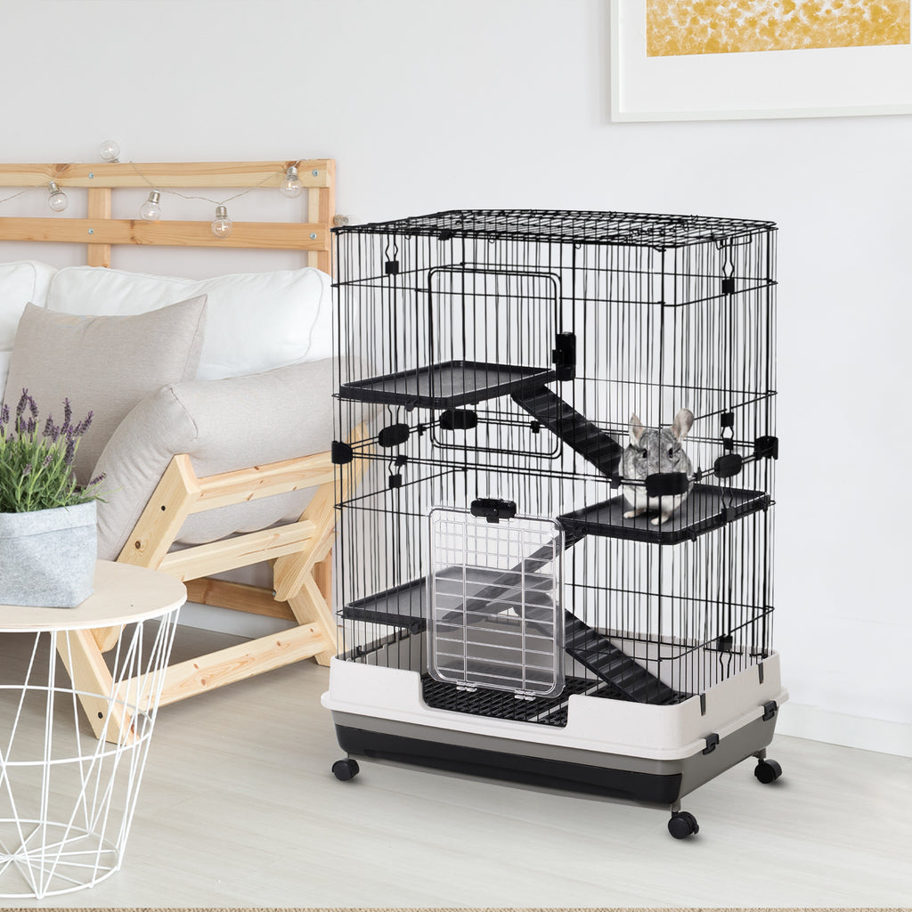 Pawhut 3 Tier Rolling Small Animal Rabbit Cage Chinchillas Hutch Pet Play House with Platform Ramp Removable Tray 81.2 x 52.7 x 110 cm - Inspirely