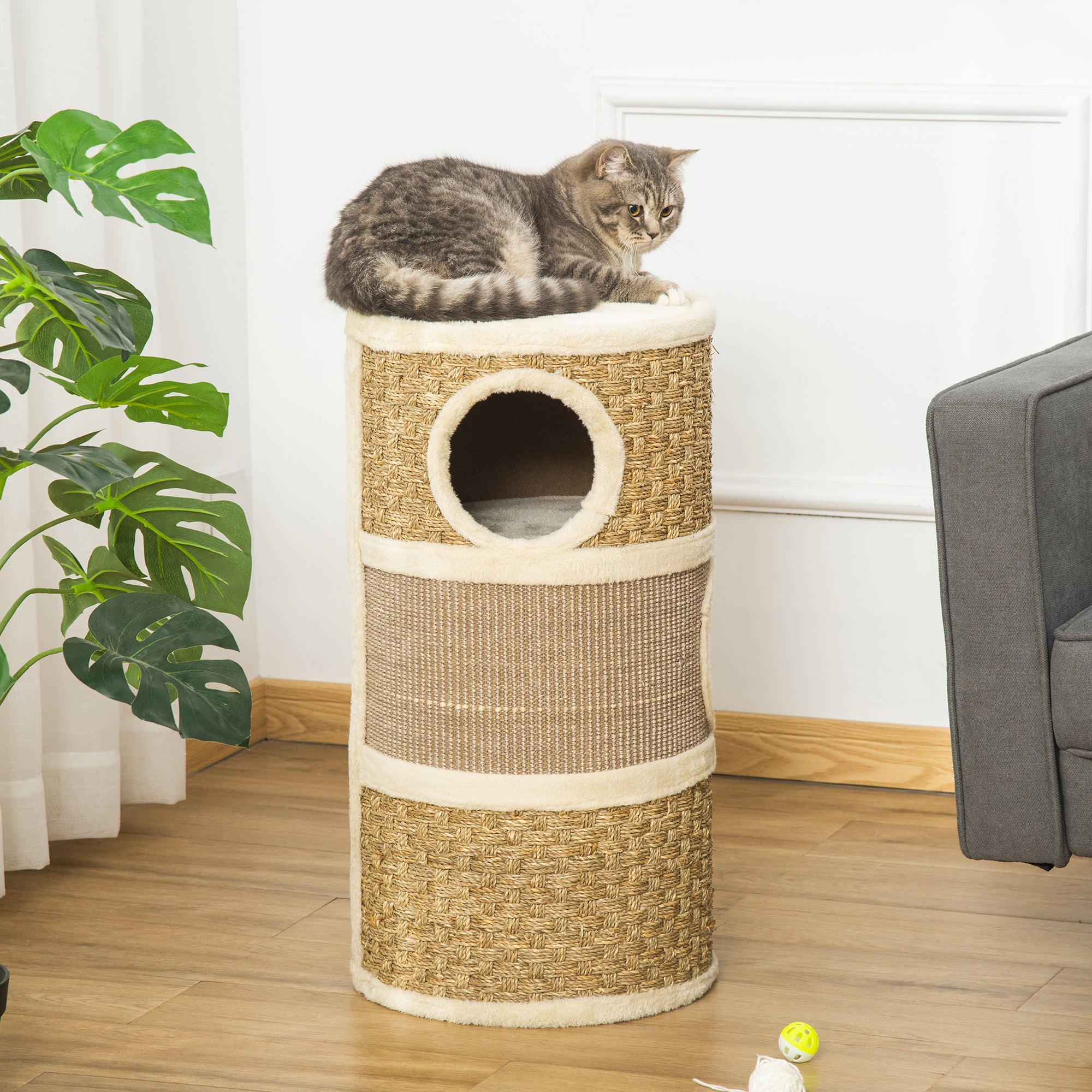 PawHut Cat Scratching Barrel Kitten Tree Tower Pet Furniture Climbing Frame Covered with Sisal and Seaweed Rope Cozy Platform Soft Plush - Inspirely
