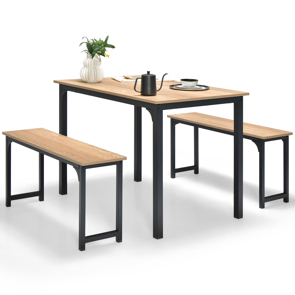 3 Pieces Space-Saving Dining Breakfast Table Set with 2 Benches-Natural