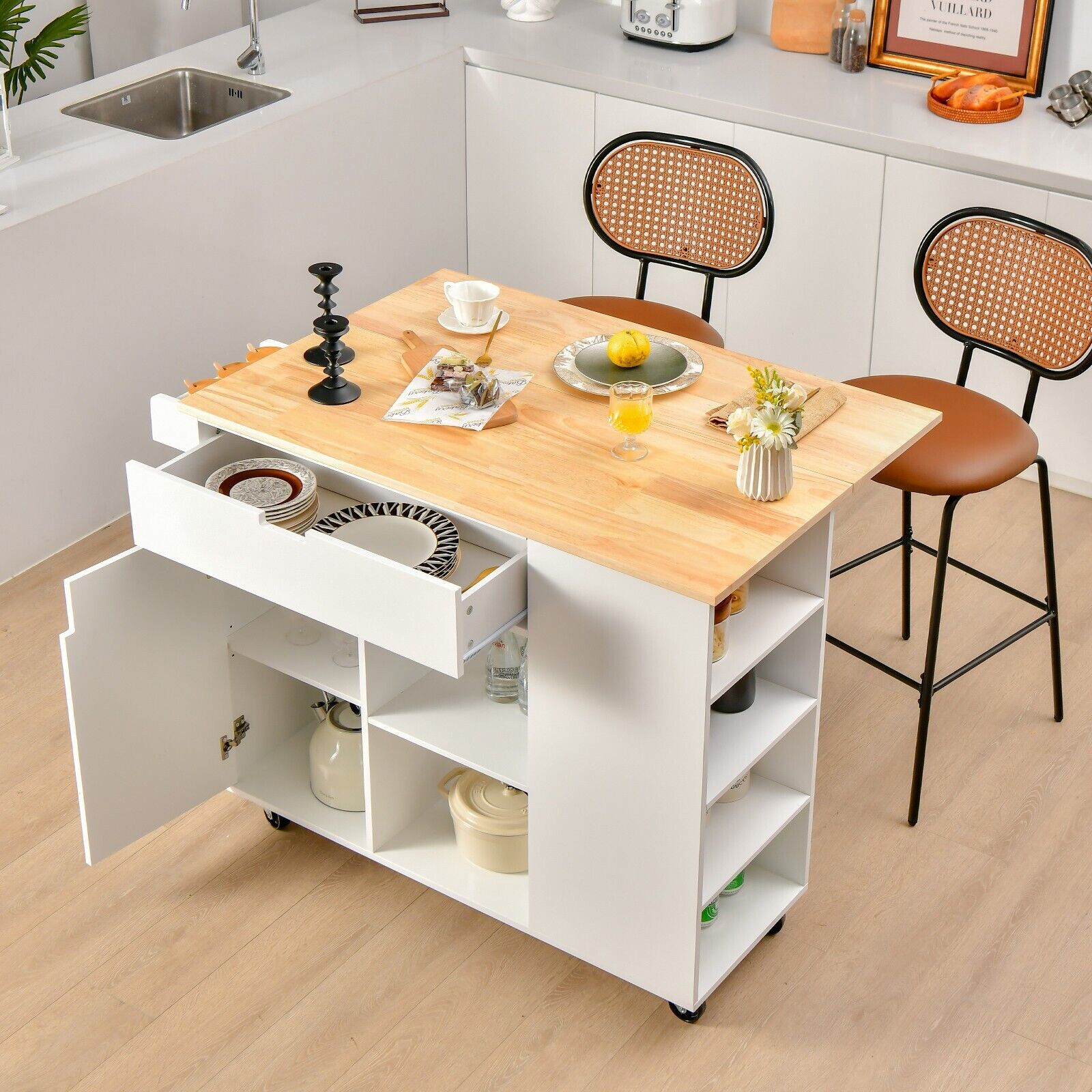 Drop-Leaf Kitchen Island with Rubber Wood Top-White