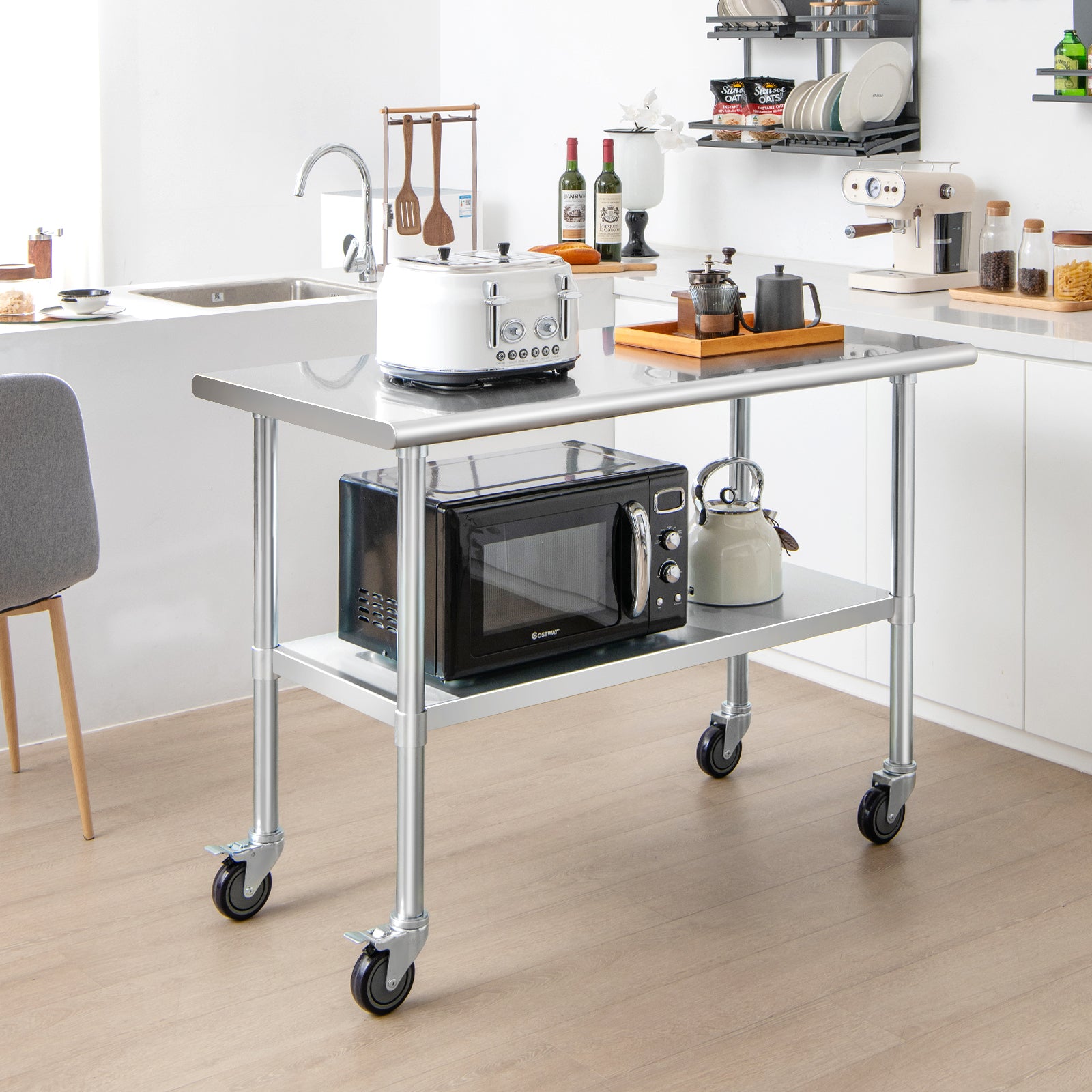 Stainless Steel Catering Table with Wheels and Adjustable Undershelf