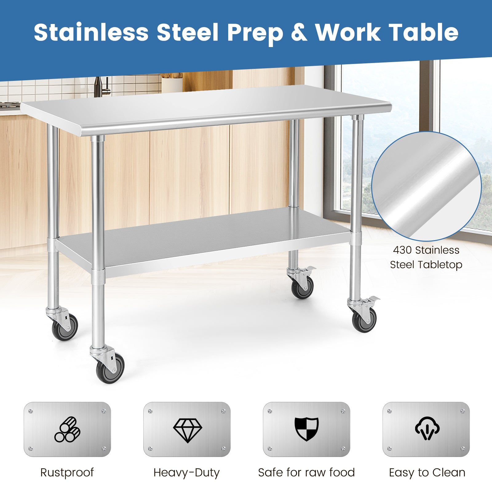 Stainless Steel Catering Table with Wheels and Adjustable Undershelf