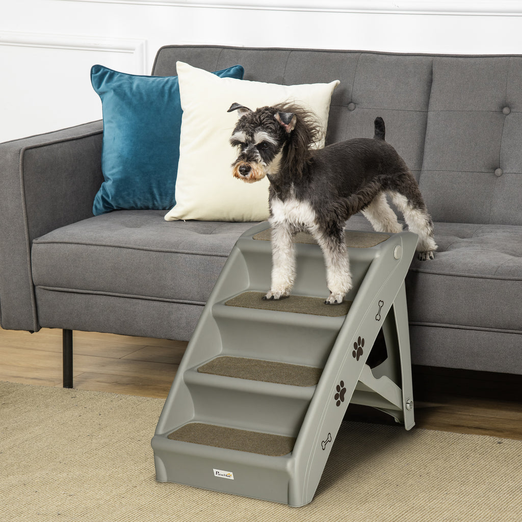 PawHut Foldable Pet Stairs, 4-Step for Cats Small Dogs with Non-slip Mats, 62 x 38 x 49.5 cm, Grey