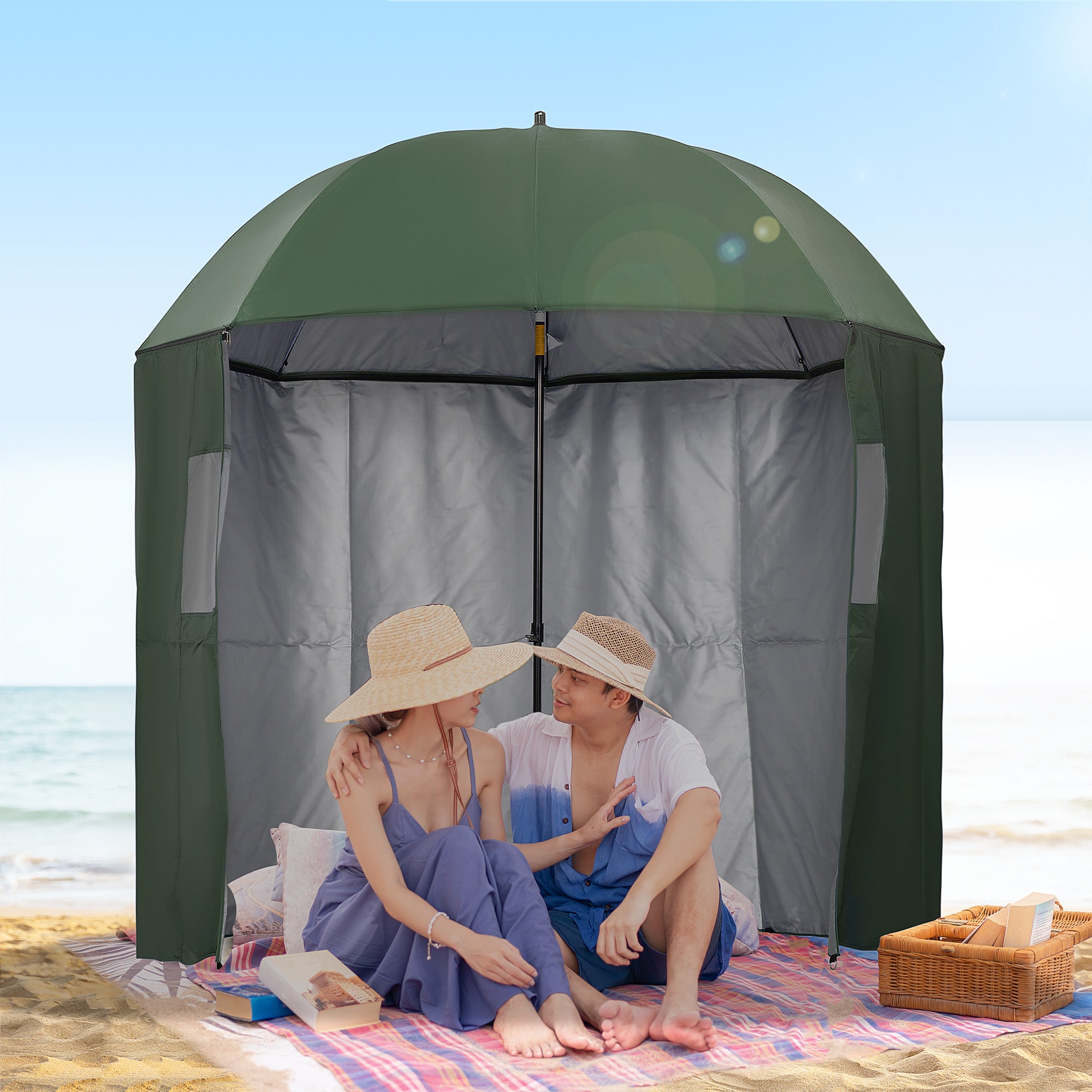Outsunny 2m Beach Parasol Fishing Umbrella Brolly with Sides and Push Botton Tilt Sun Shade Shelter with Carry Bag, UV30+, Green