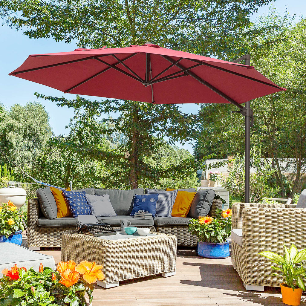 Outsunny 3m Cantilever Aluminium Frame 360 Rotation Hanging Parasol w/ Cross Base Wine Red - Inspirely