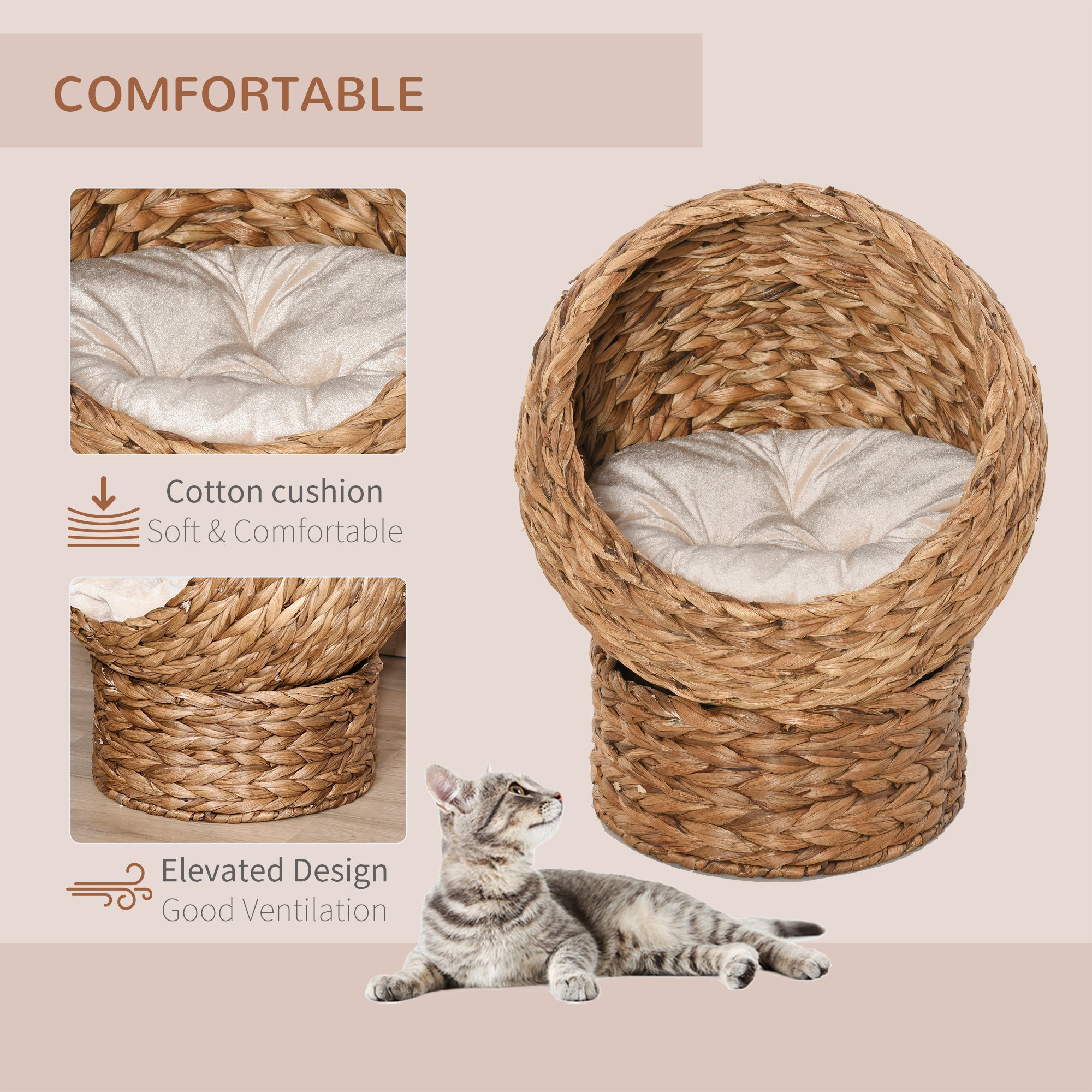 PawHut Wicker Cat Bed, Raised Rattan Cat Basket with Cylindrical Base, Soft Washable Cushion, Brown, 50 x 42 x 60 cm