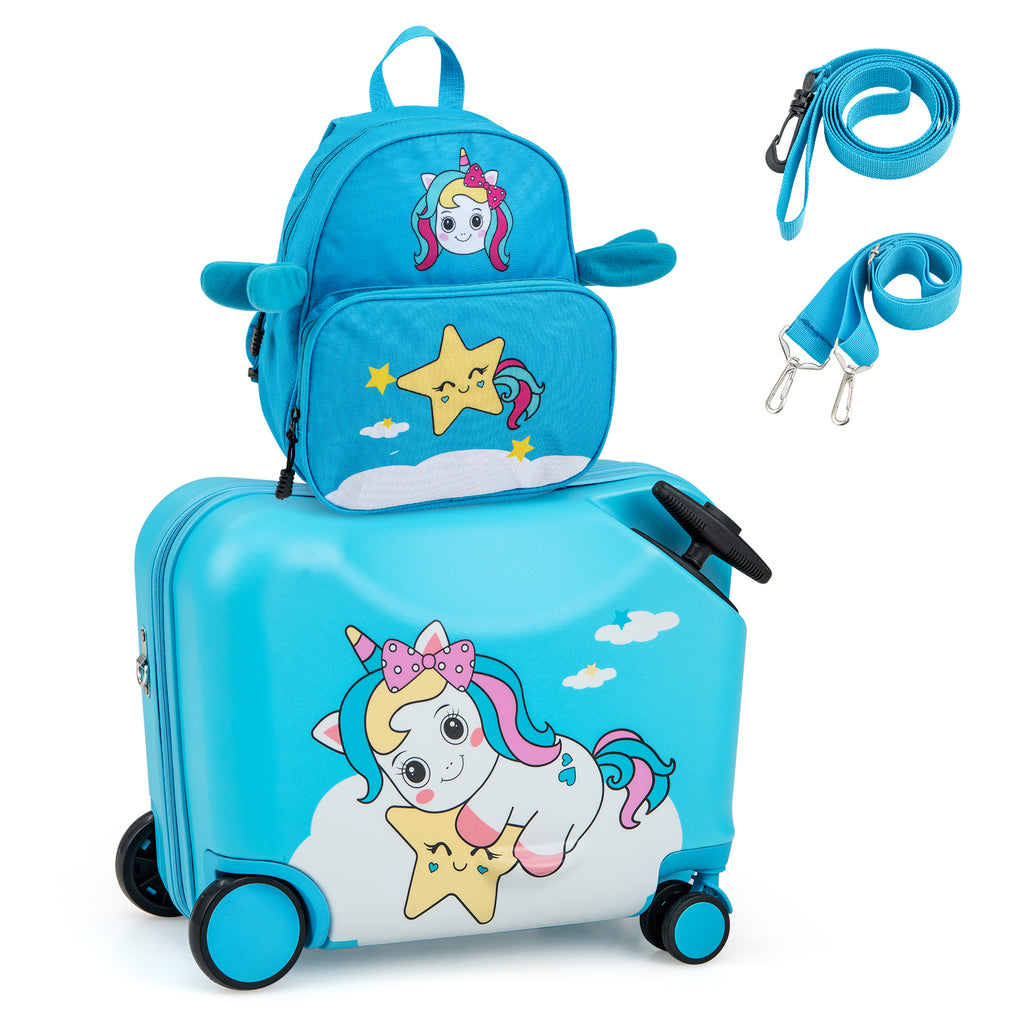 2 Pieces Kids Luggage Set with Spinner Wheels and Anti-Lose Rope-Blue