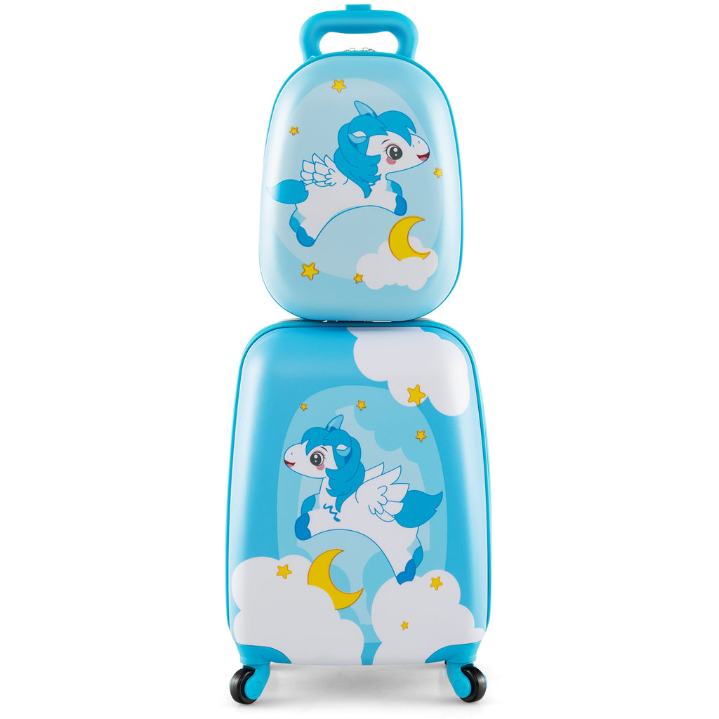 2 Pieces Kids Luggage Set with Wheels and Height Adjustable Handle-Light Blue