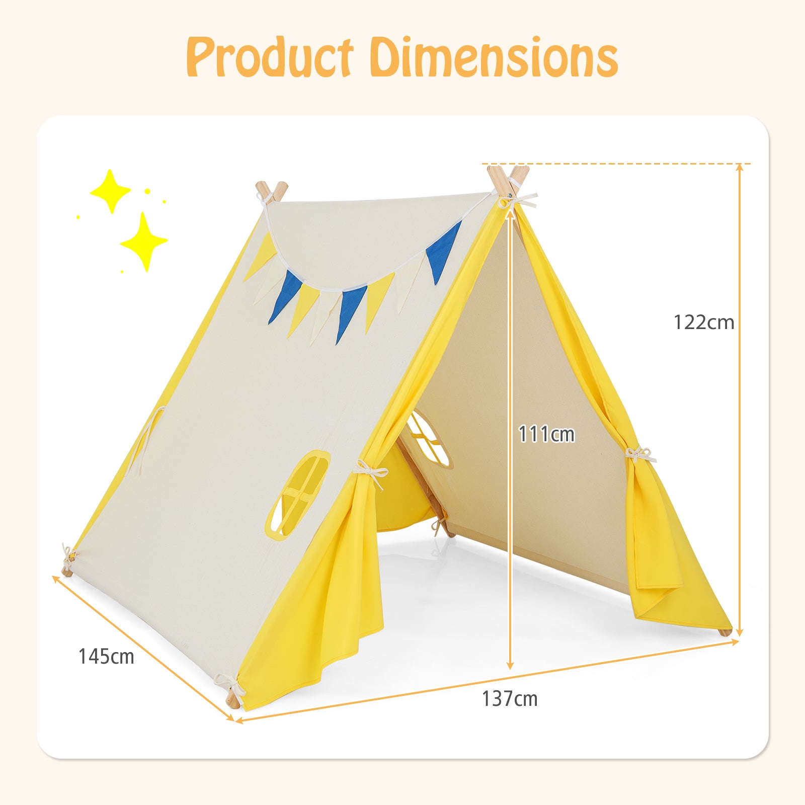 Kids Large Triangular Playhouse Tent with Selected Pine Wood Material-Yellow