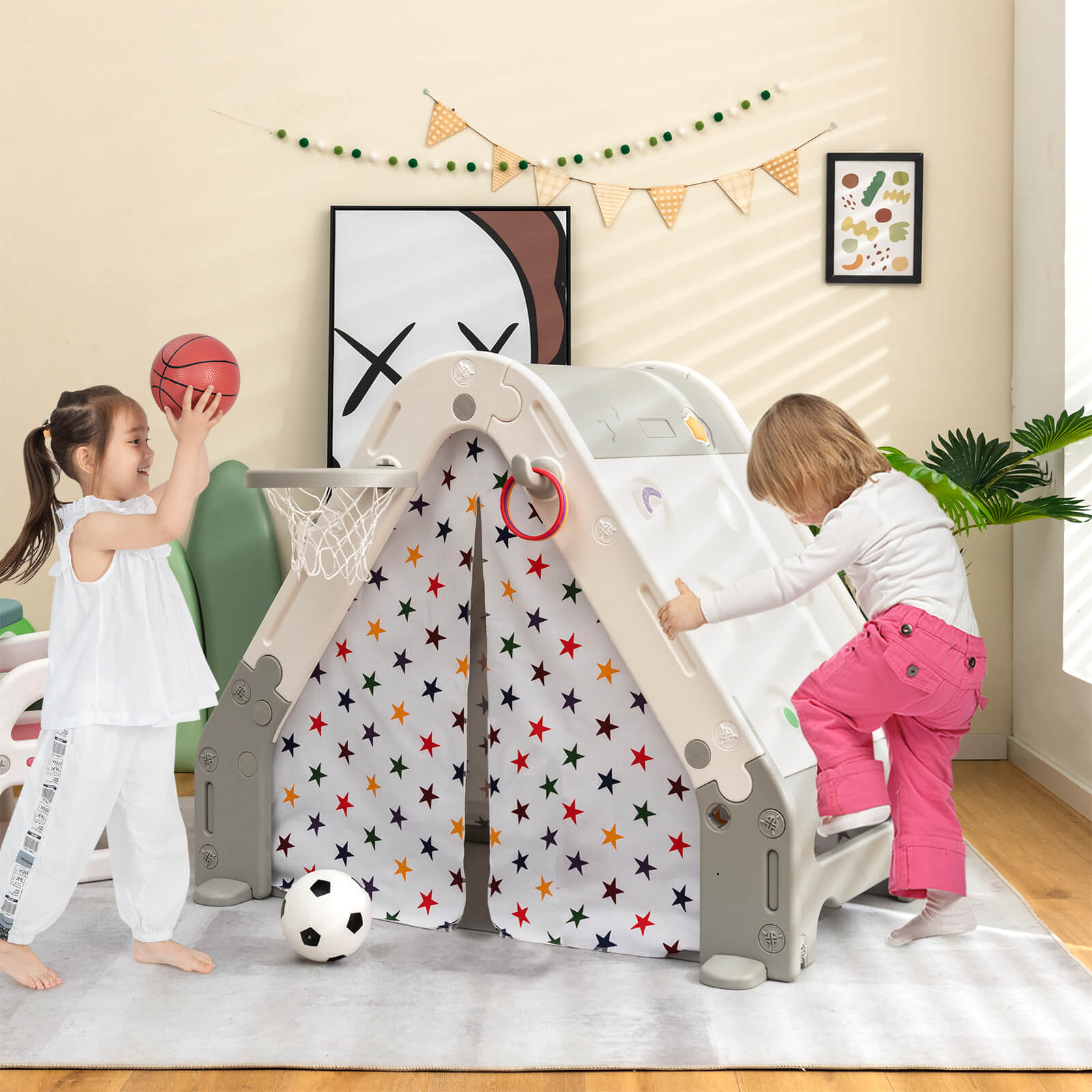 Kids Triangle Climber with Tent Cover and White Board-Grey