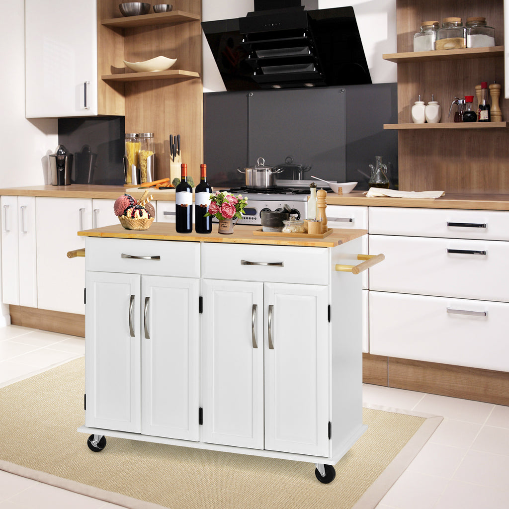 Kitchen Island on Lockable Wheels with Rubber Wood Countertop-White