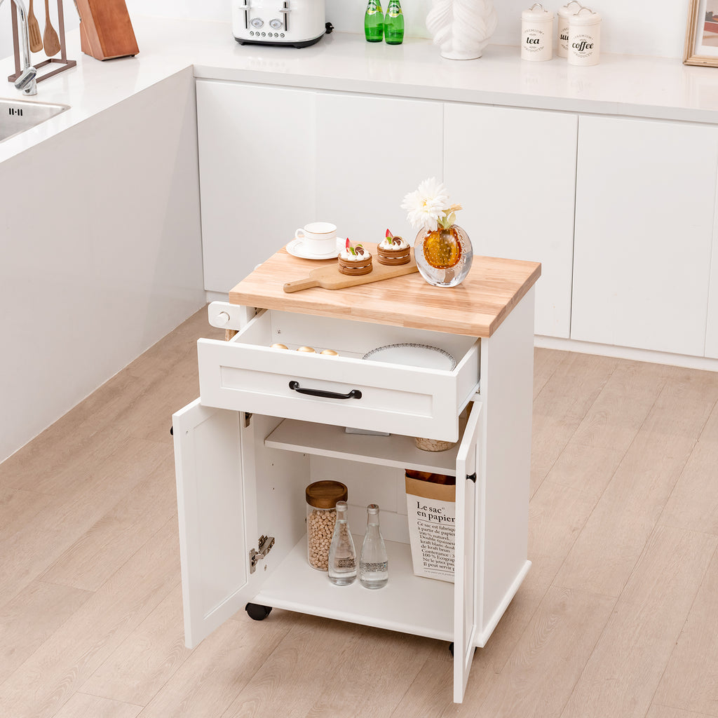 Kitchen Rolling Island Cart with Large Drawer and 2-Door Cabinet-White