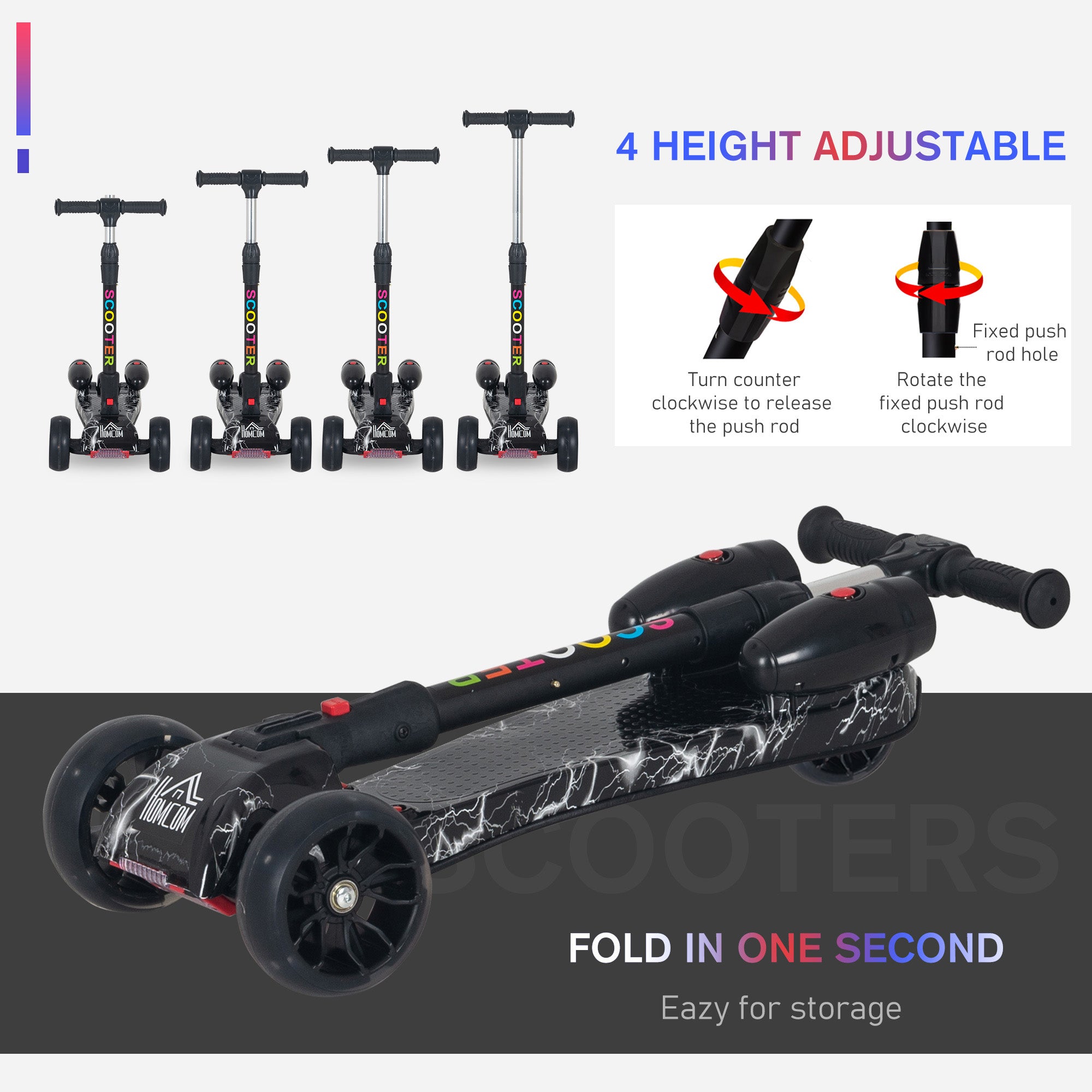 HOMCOM Kids 3 Wheel Scooter Adjustable Height w/ Flashing Wheels Music Water Spray Foldable Design Cool On Off Road Vehicle Black - Inspirely