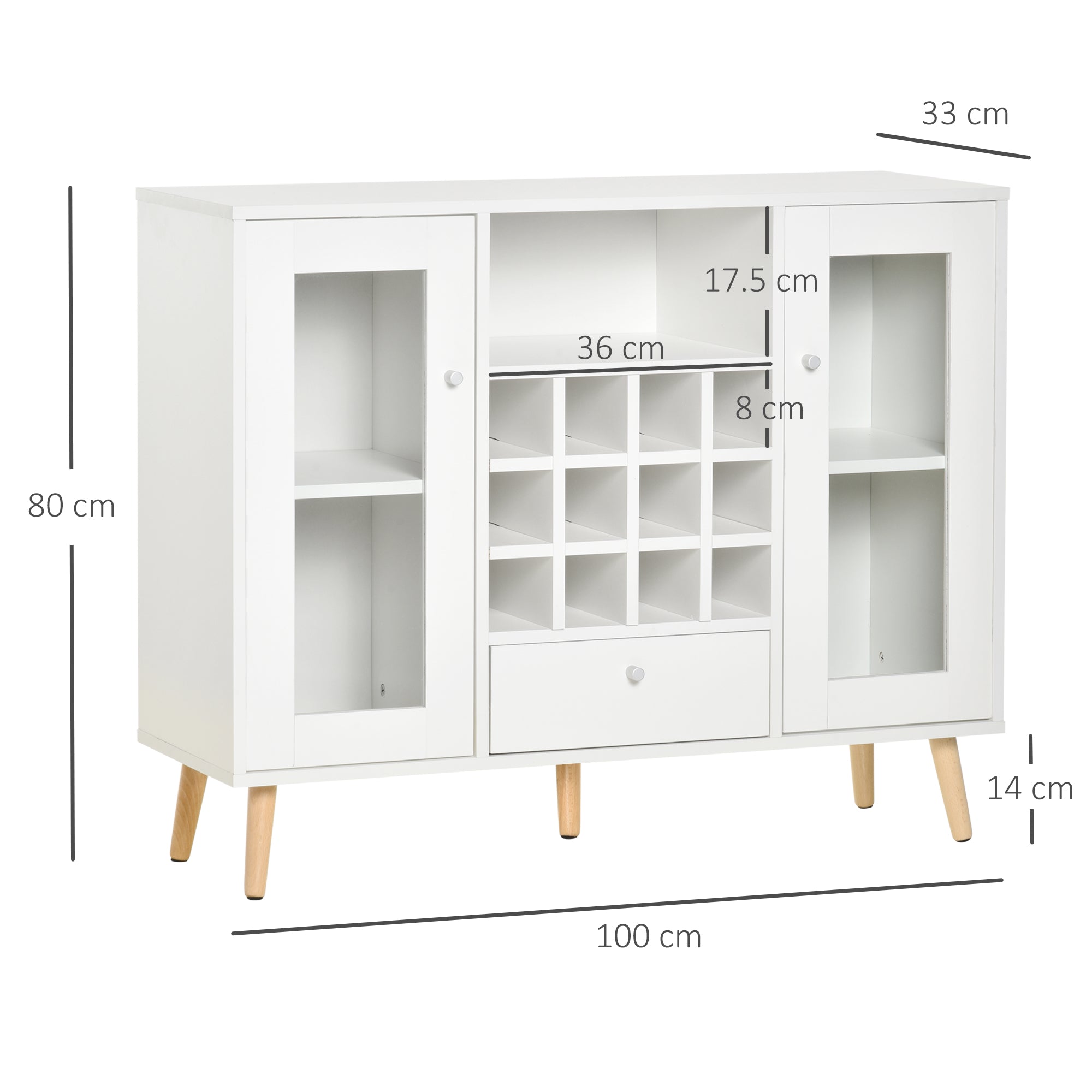 HOMCOM Modern Sideboard Storage Cabinet Kitchen Cupboard Dining Bar Server with Glass Doors, Drawer & 12-Bottle Wine Rack for Living Room, White