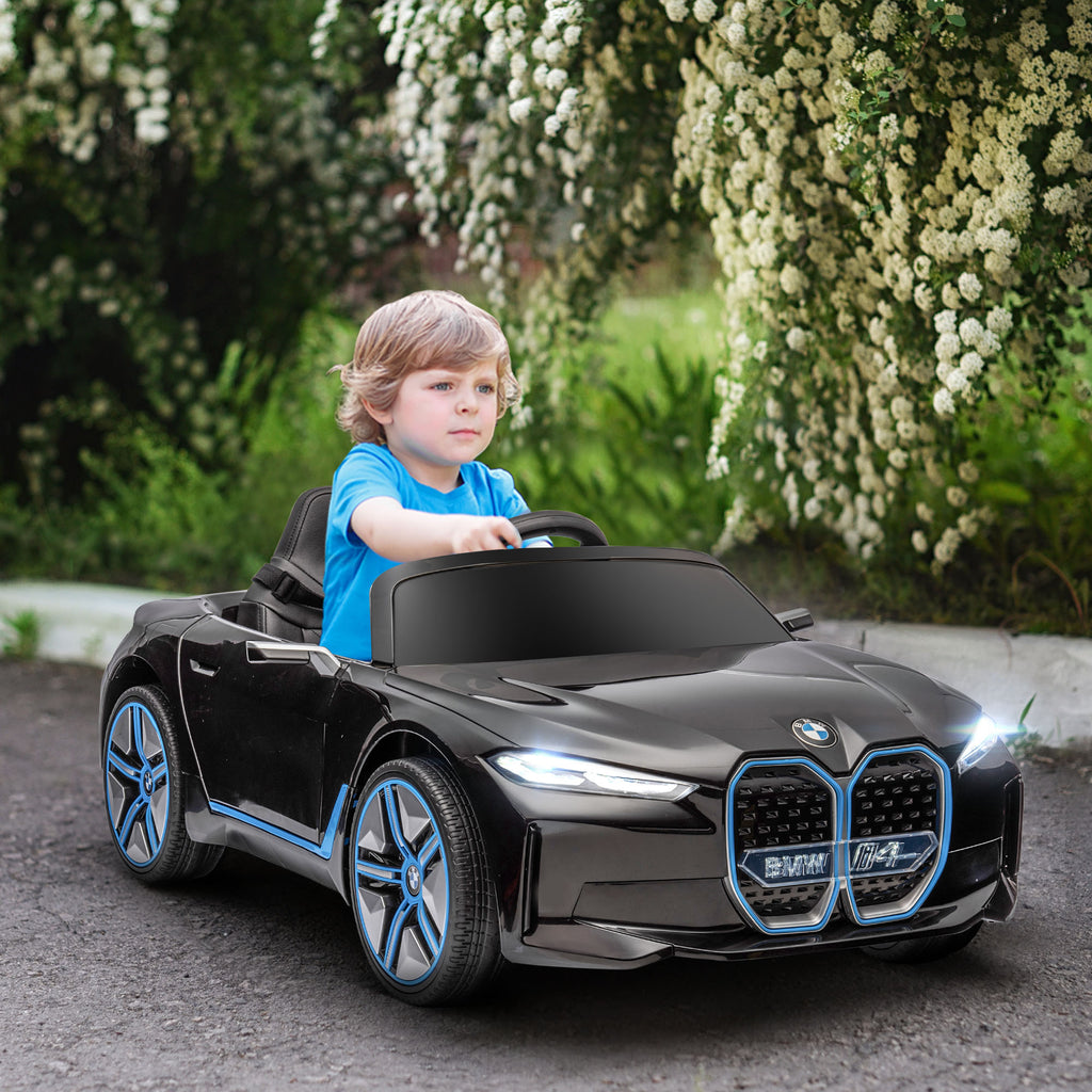 HOMCOM BMW i4 Licensed 12V Kids Electric Ride on Car with Remote Control, Powered Electric Car with Portable Battery, Music, Horn, Headlights, MP3 Slot, Suspension Wheels, for Ages 3-6 Years - Black