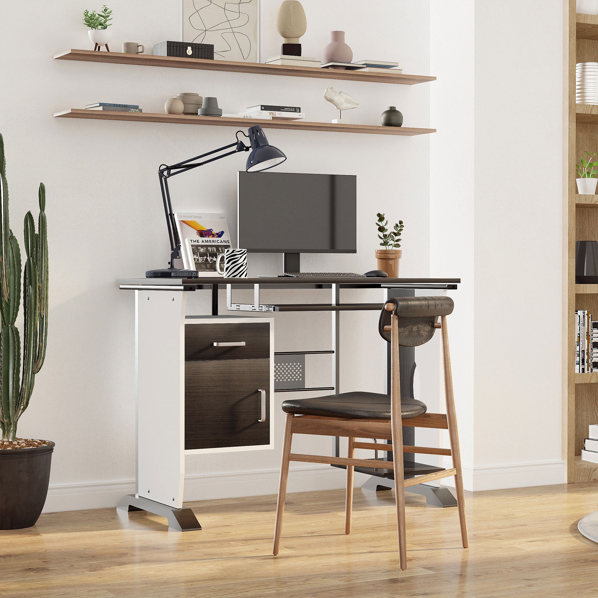 HOMCOM Computer PC Desk with Sliding Keyboard Tray Storage Drawers and Host Box Shelf Home Office Workstation Gaming Study (Black walnut) - Inspirely