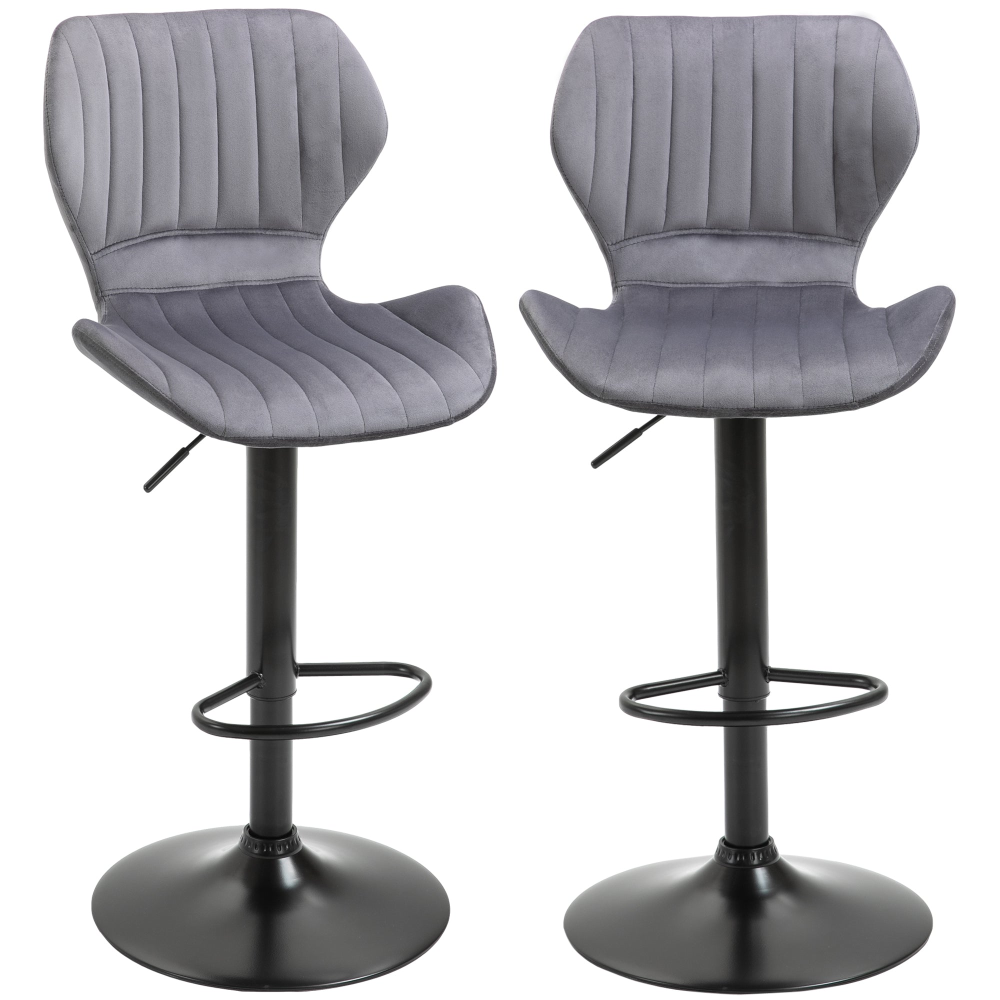 HOMCOM Bar Stool Set of 2 Velvet-Touch Fabric Adjustable Height Swivel Counter Chairs with Footrest, Grey - Inspirely
