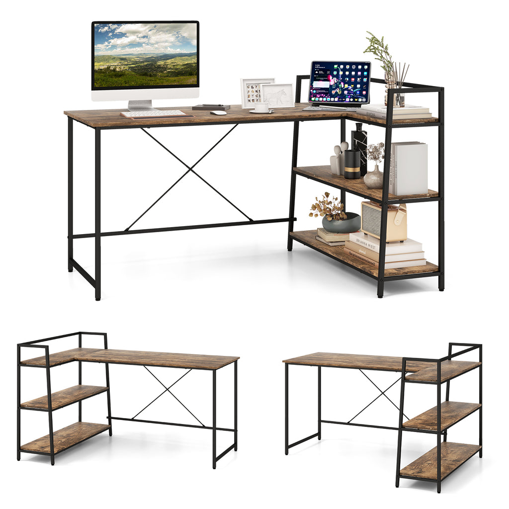 Reversible L-Shaped Computer Desk with Open Storage Shelves-Rustic Brown