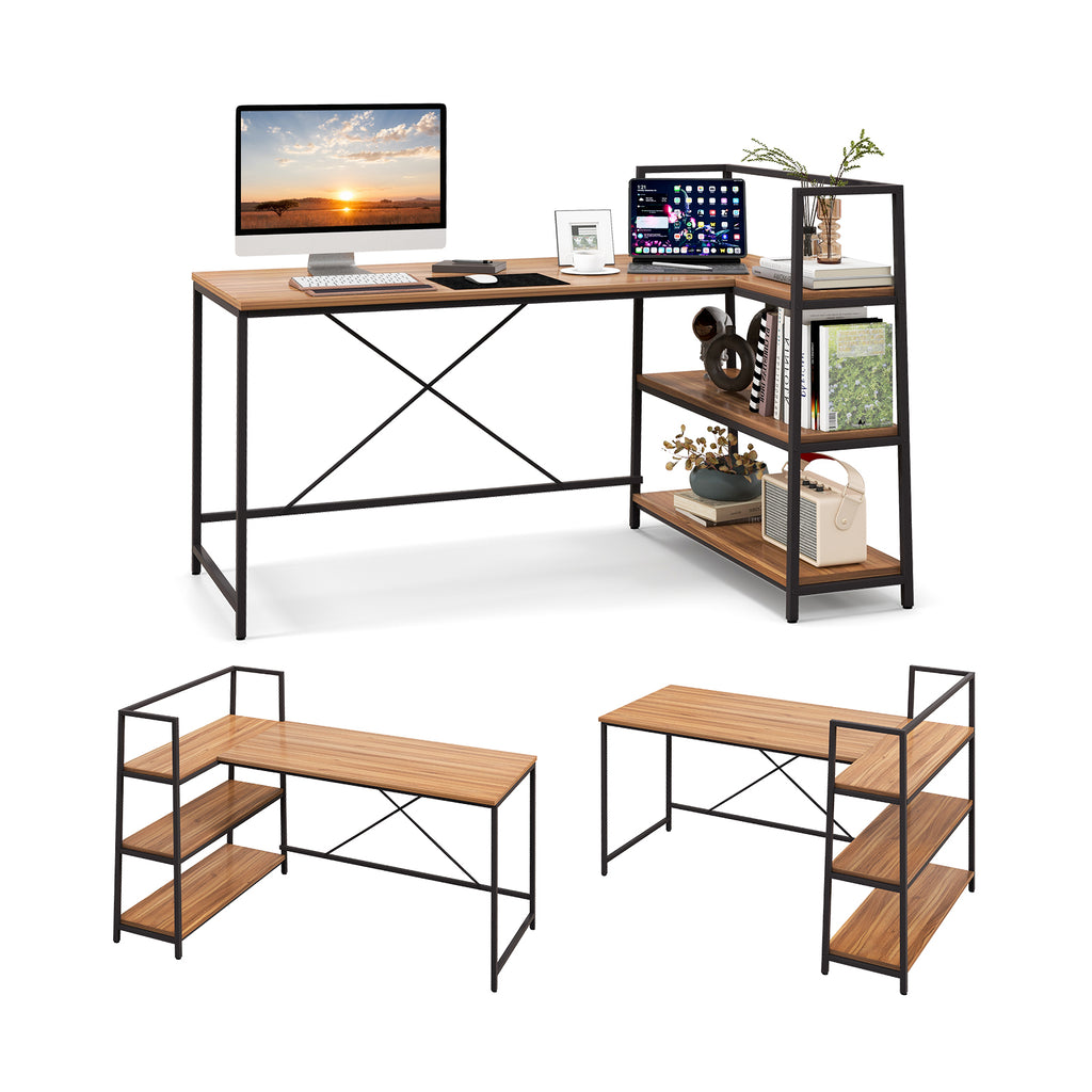 Reversible L-Shaped Computer Desk with Open Storage Shelves-Walnut