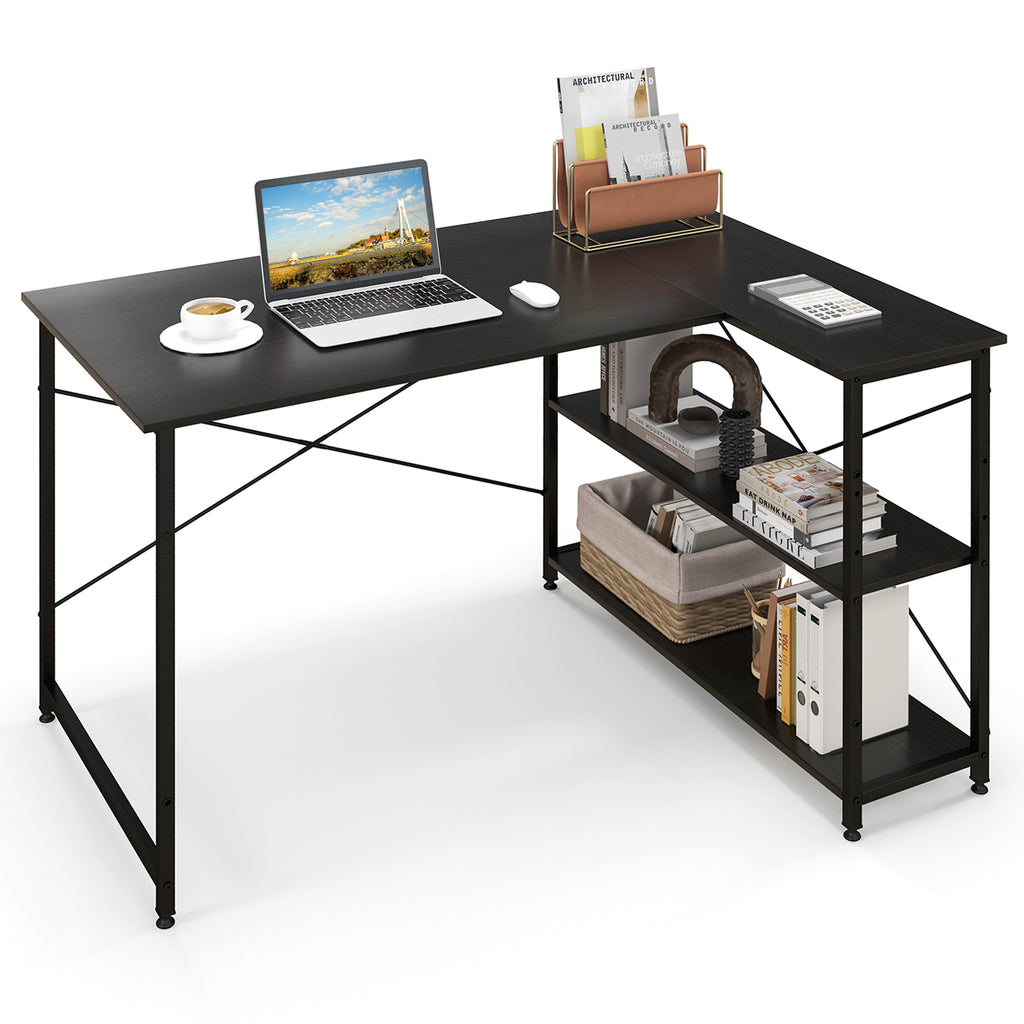 L-Shaped Corner Computer Desk with Reversible and Adjustable Bookshelf-Black