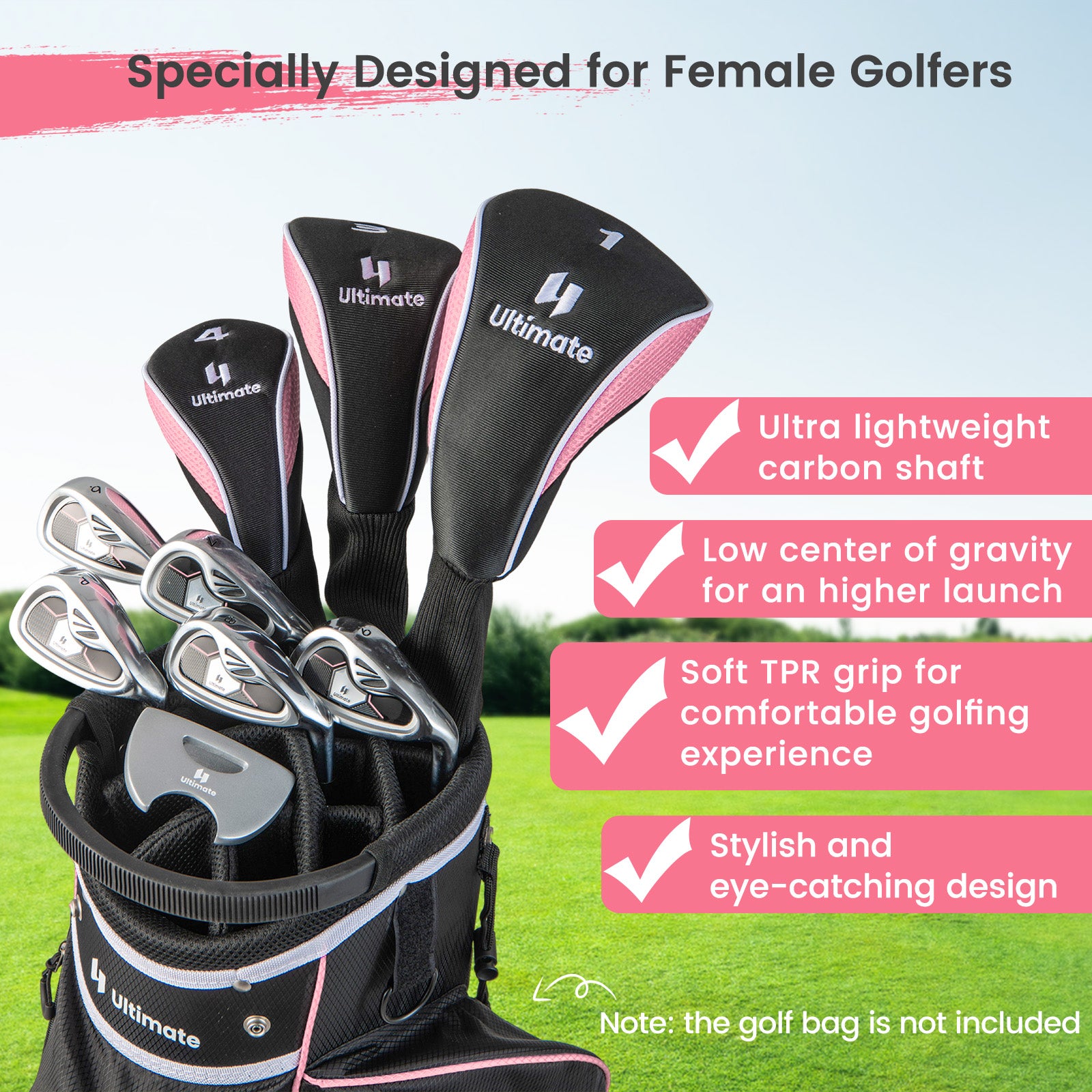 Ladies' 9 Pieces Complete Golf Club Set with 460cc Alloy Driver-Pink