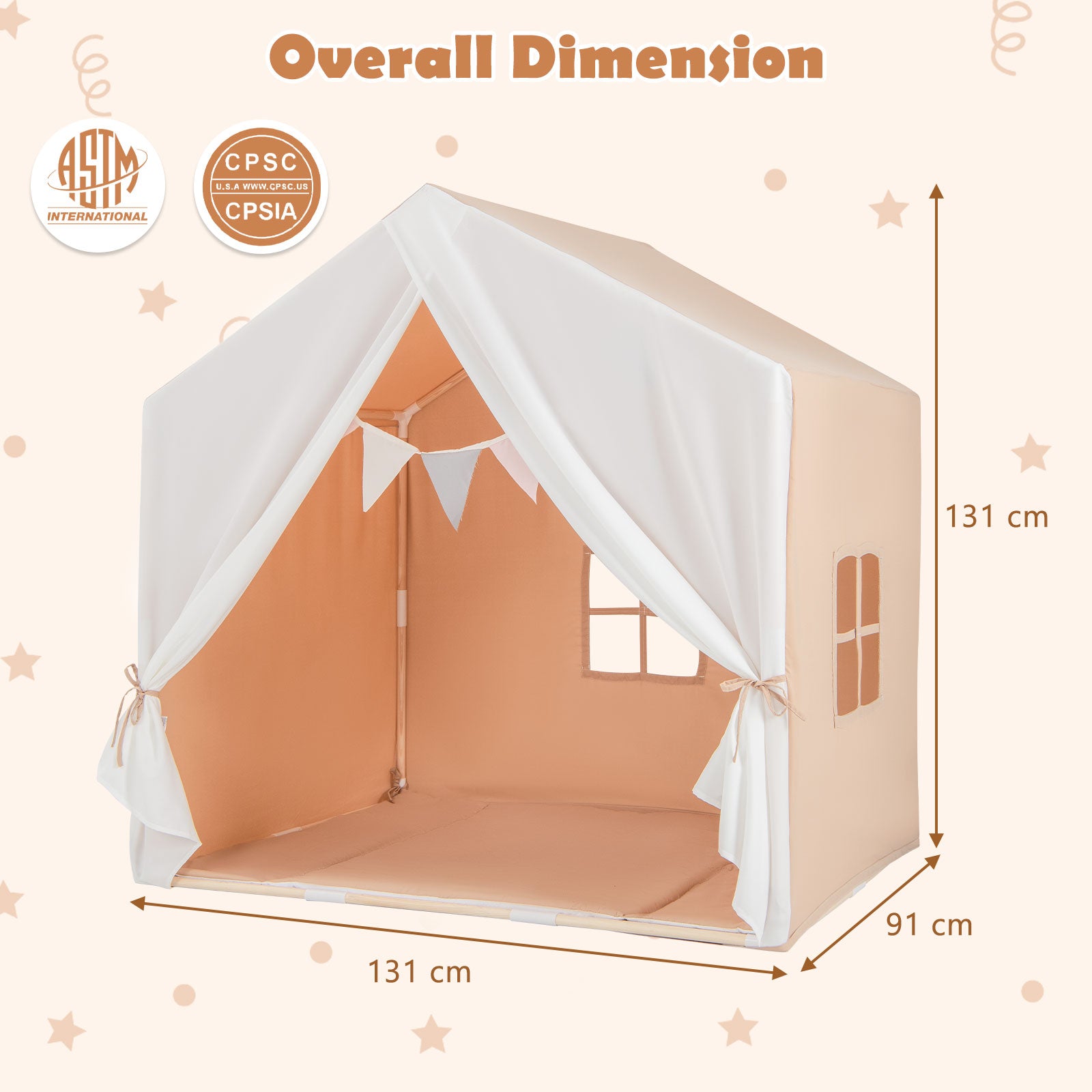 Large Kids Play Tent with Washable Cotton Mat and Flag Banner-Light Brown