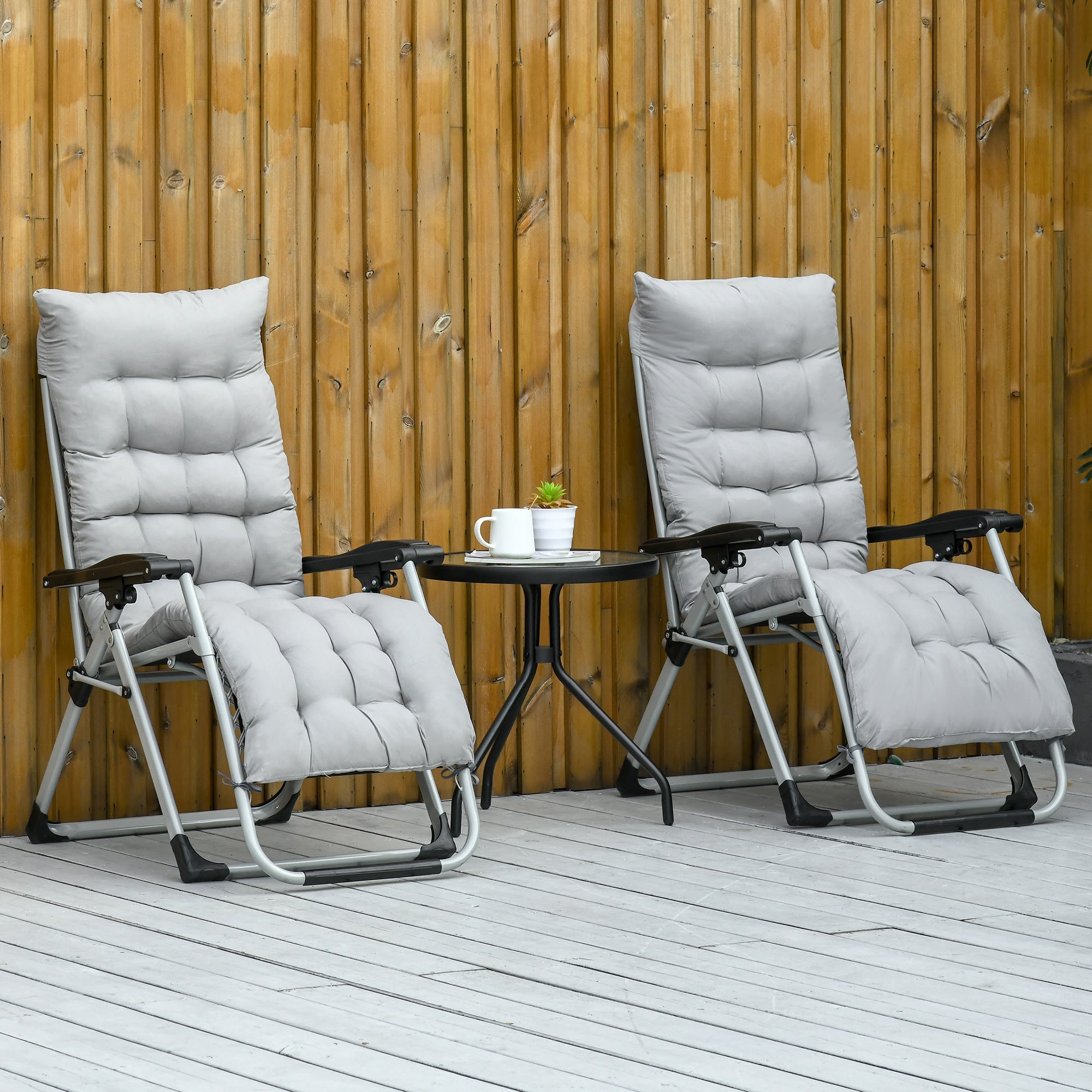 2 Pc Reclining Chair Garden Sun Lounger & Cushion Headrest, Light Grey