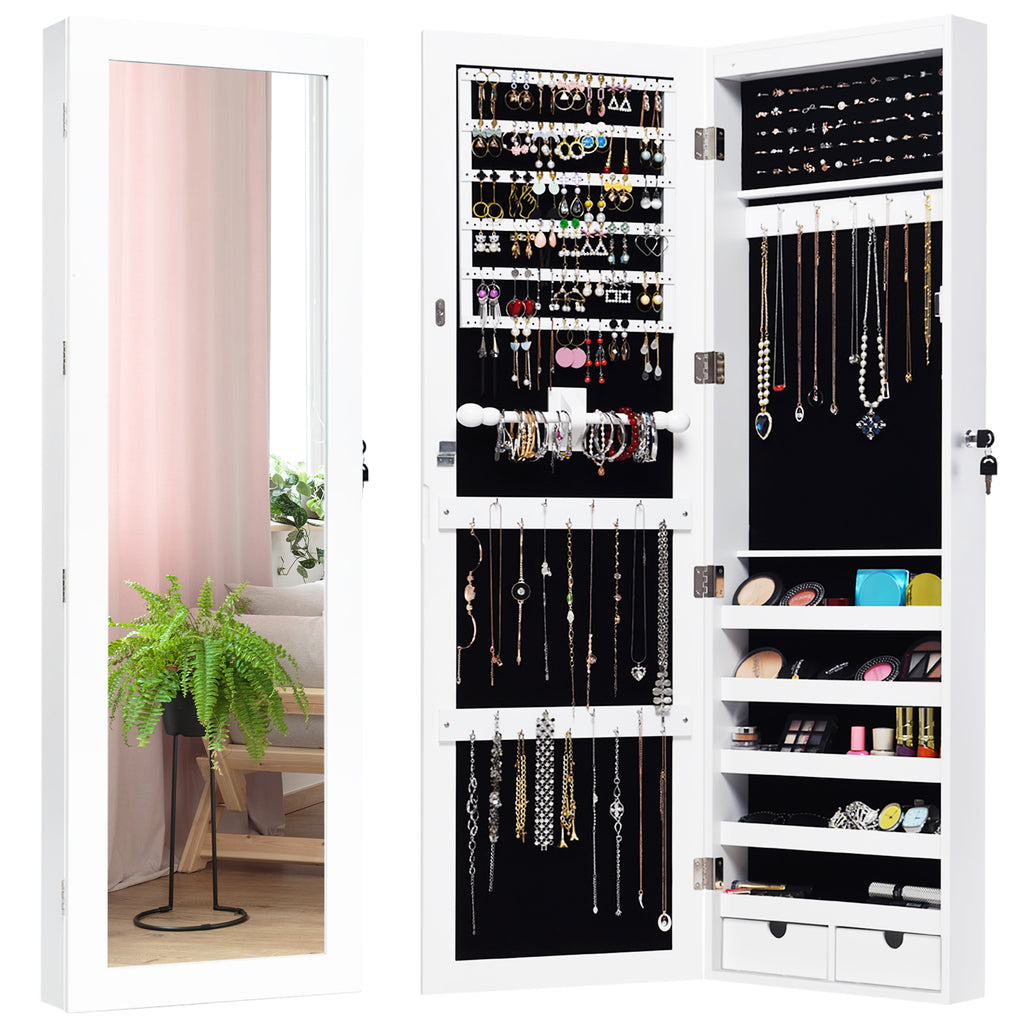 Door Wall Mounted Jewelry Cabinet with LED Light Strip and Mirror