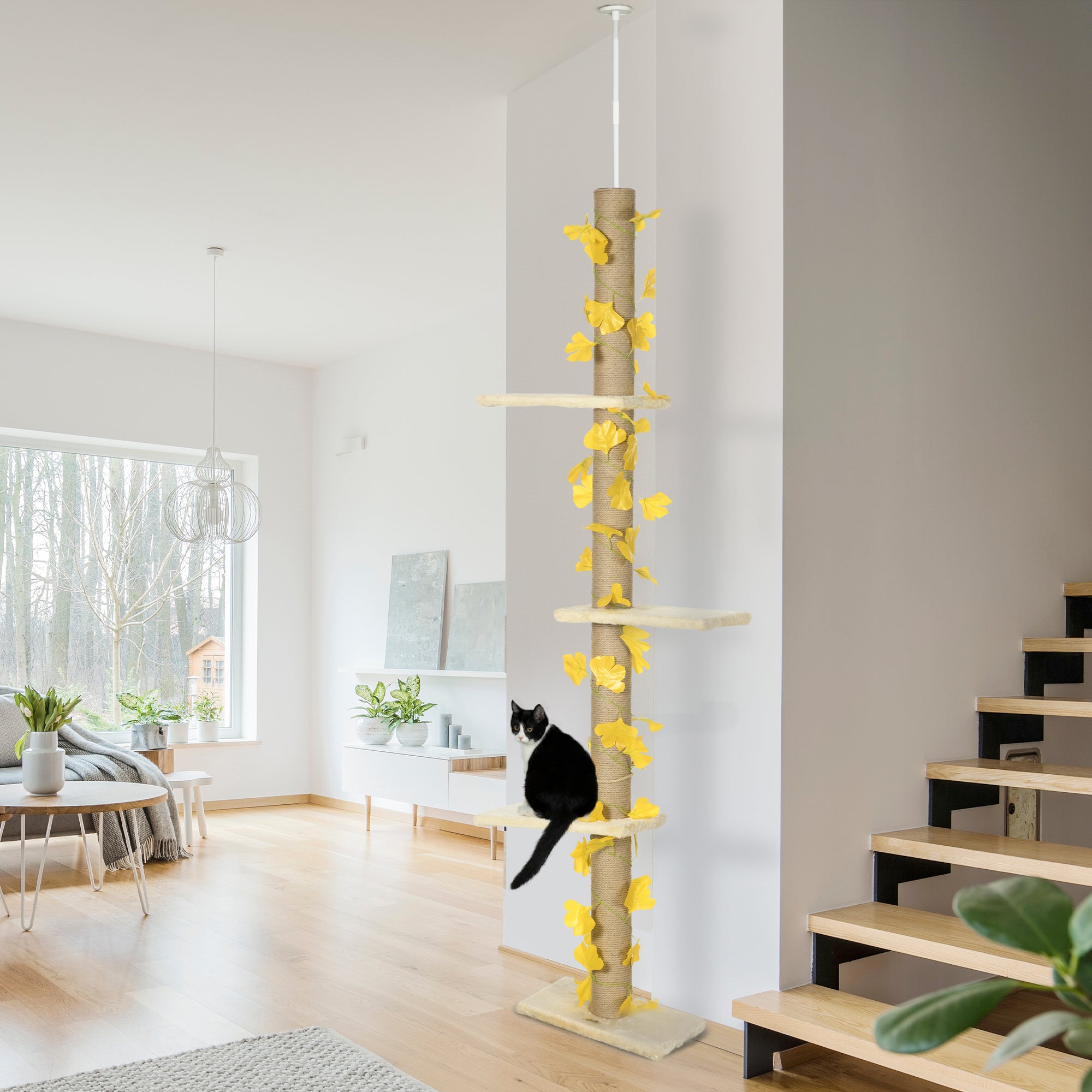PawHut 202-242cm Height Adjustable Floor to Ceiling Cat Tree for Indoor Cats with Sisal Scratching Post, 3- Tier Cat Tower Climbing Activity Centre with Platforms, Leaves, Yellow