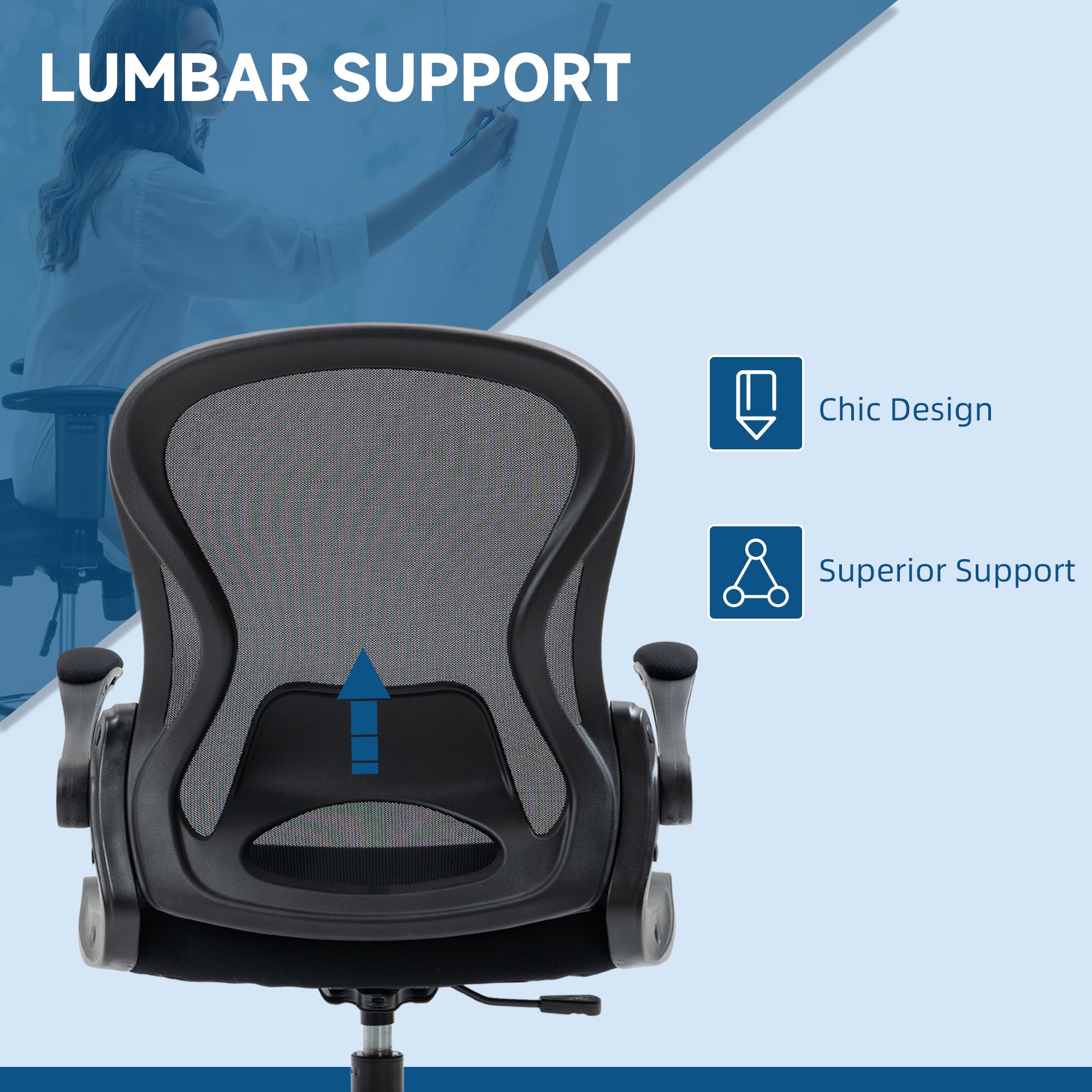 Vinsetto Ergonomic Mesh Standing Desk Chair with Flip-up Armrests Lumbar Support Armrests Adjustable Footrest Ring Black