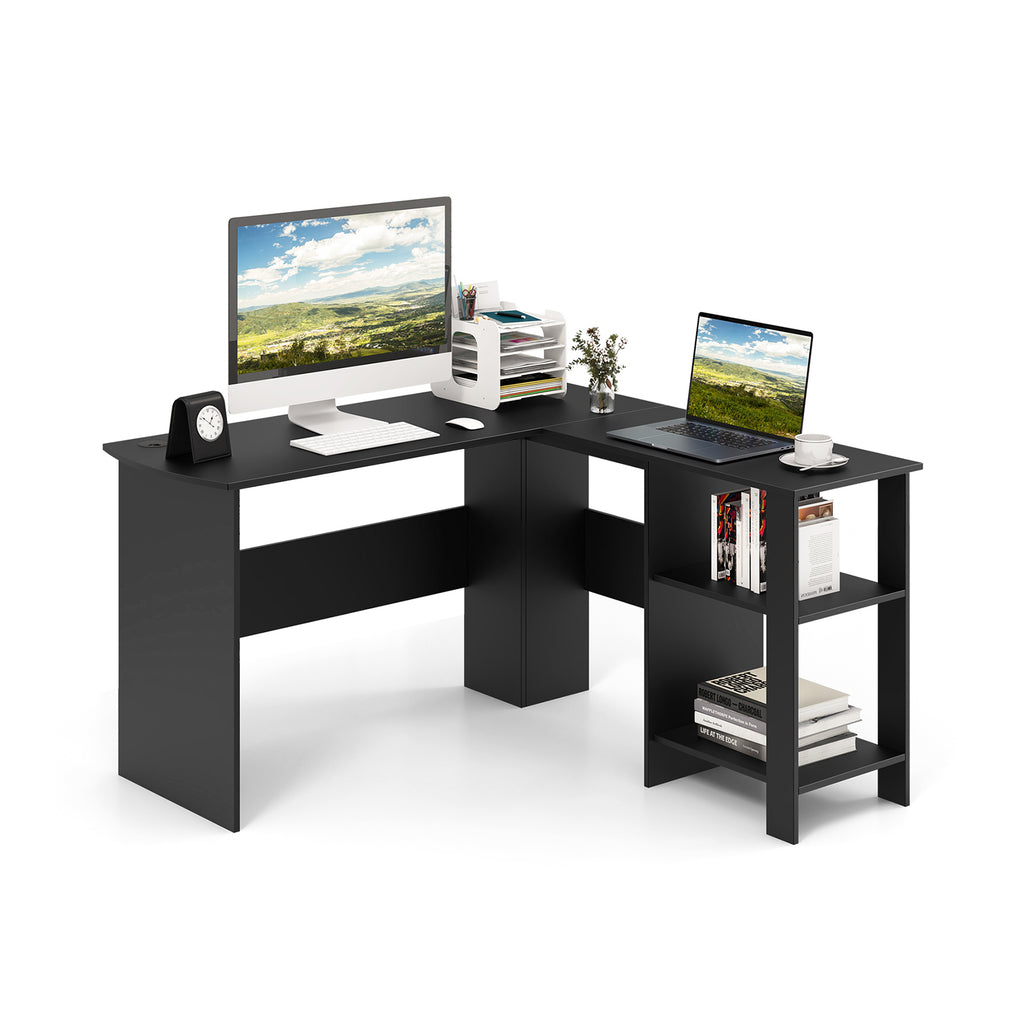 L-shaped Computer Desk with 2 Storage Shelves-Black