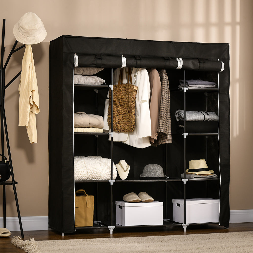 HOMCOM Fabric Wardrobe, Portable Wardrobe with 10 Shelves, 1 Hanging Rail, Foldable Closets, 150 x 43 x 162.5 cm, Black