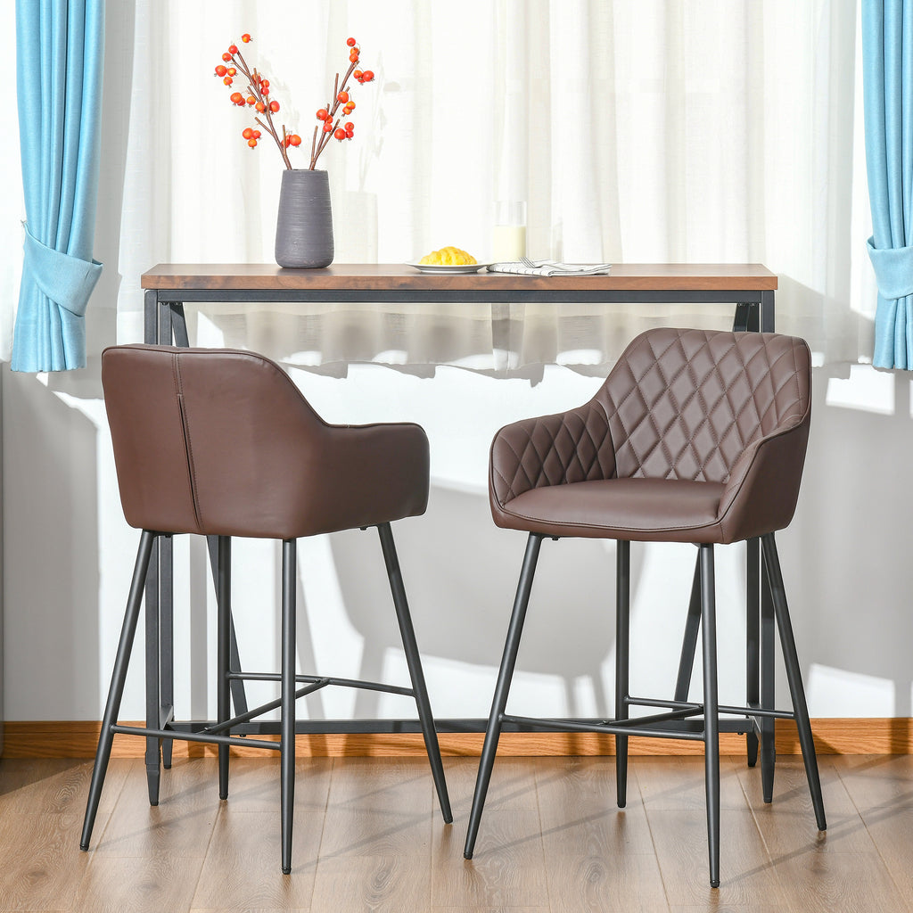 HOMCOM Set of 2 Bar stools Retro PU Leather Bar Chairs w/ Footrest Metal Frame Comfort Support Stylish Dining Seating Home Brown