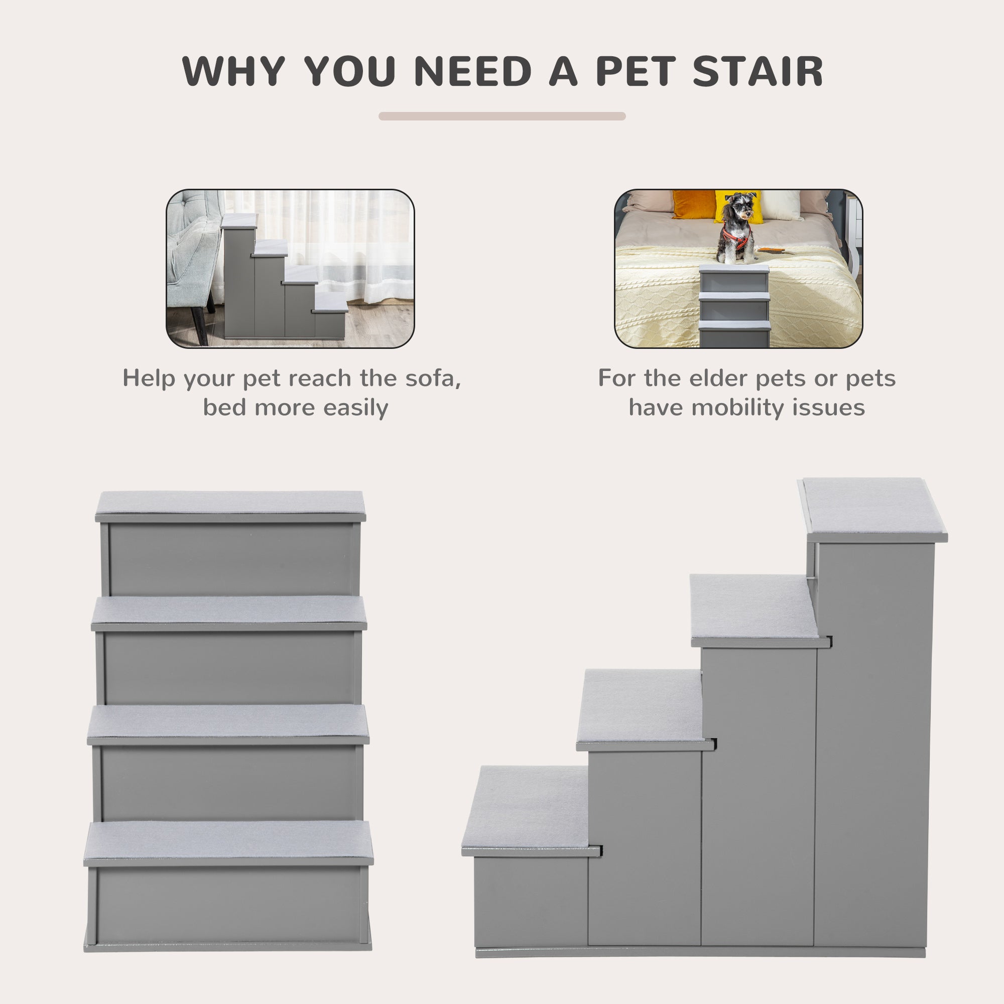 PawHut 4 Step Wooden Cushioned Pet Stairs Ramp Steps for Dogs, Cat Ladder for Bed Couch with Non-Slip Carpet, 40 x 59 x 54.2 cm, Grey - Inspirely