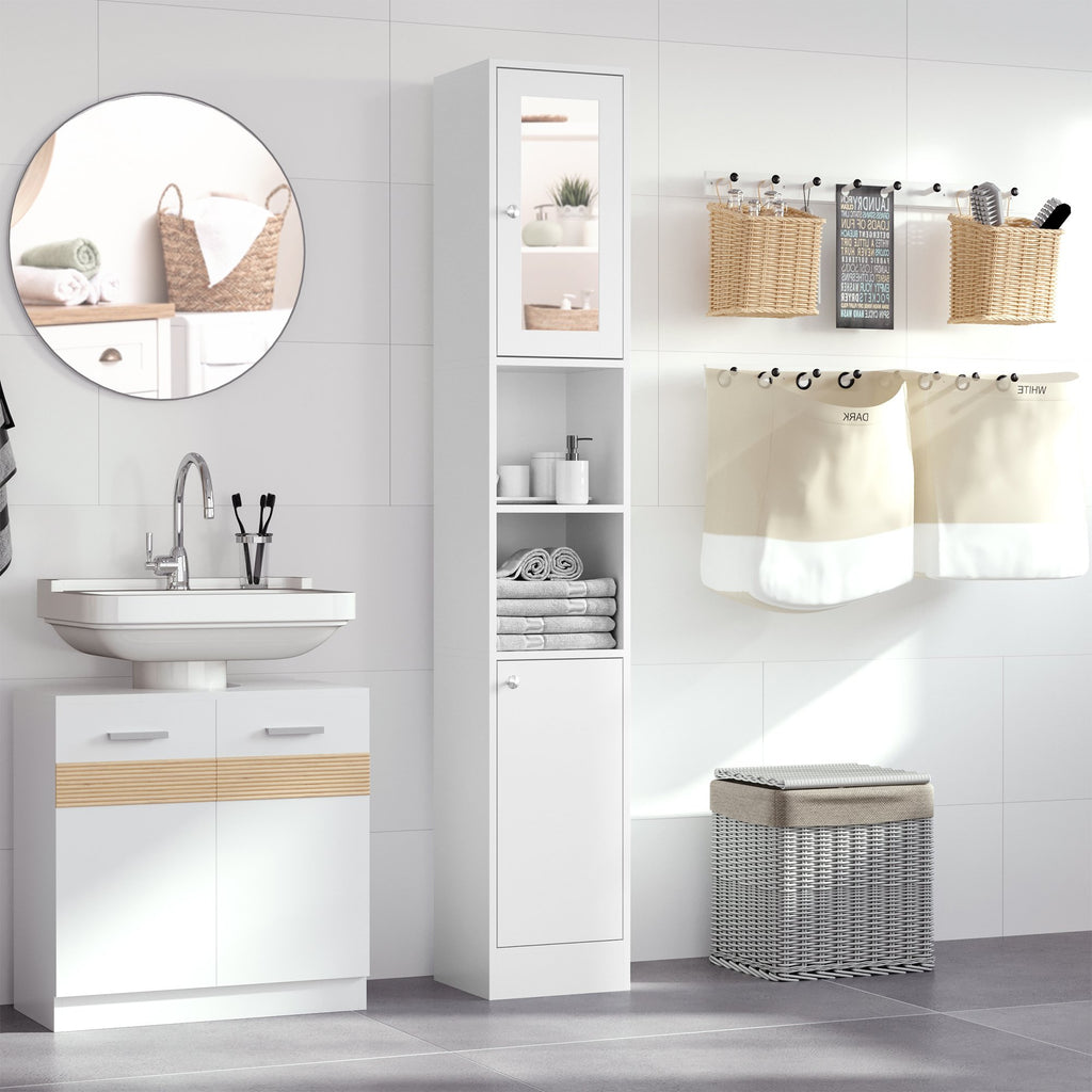 HOMCOM Tall Bathroom Storage Cabinet with Mirror, Freestanding Floor Cabinet Tallboy Unit with Adjustable Shelves, White - Inspirely