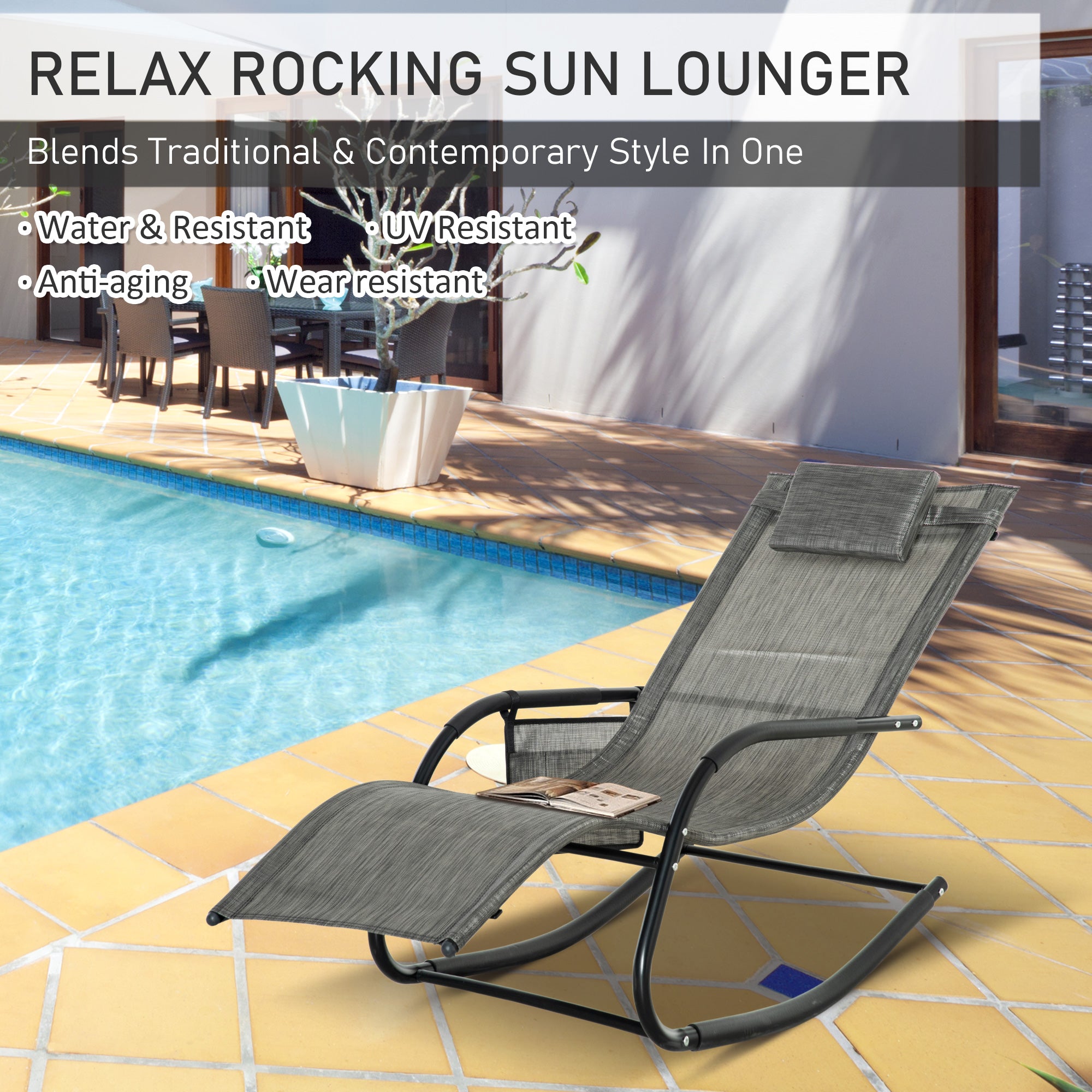 Outsunny Breathable Mesh Rocking Chair Patio Rocker Lounge for Indoor & Outdoor Recliner Seat w/ Removable Headrest for Garden and Patio Dark Grey - Inspirely
