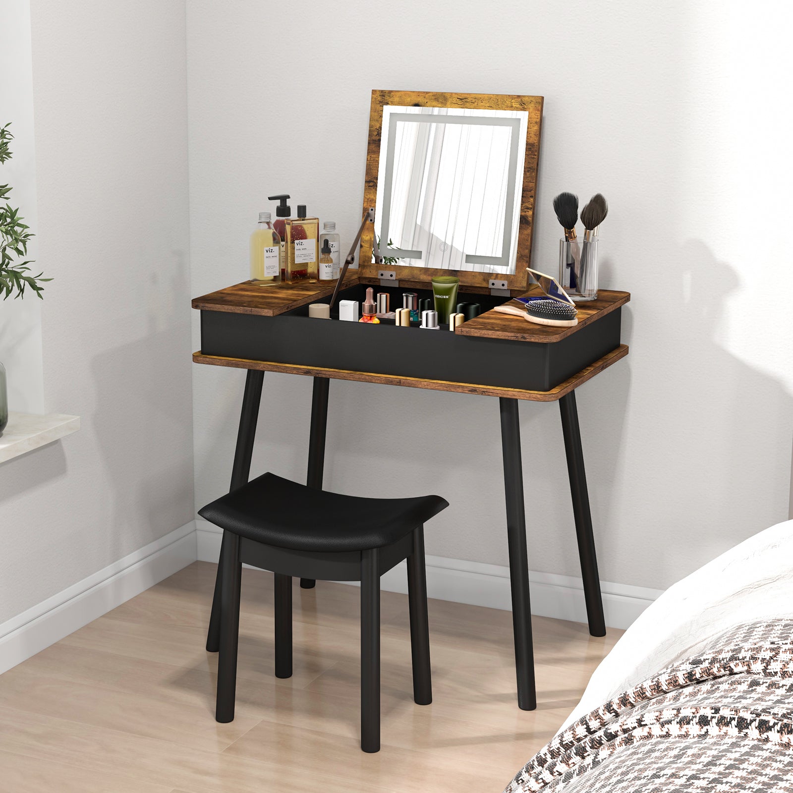 Makeup Vanity Set with Flip-top Mirror and Cushioned Stool-Rustic Brown