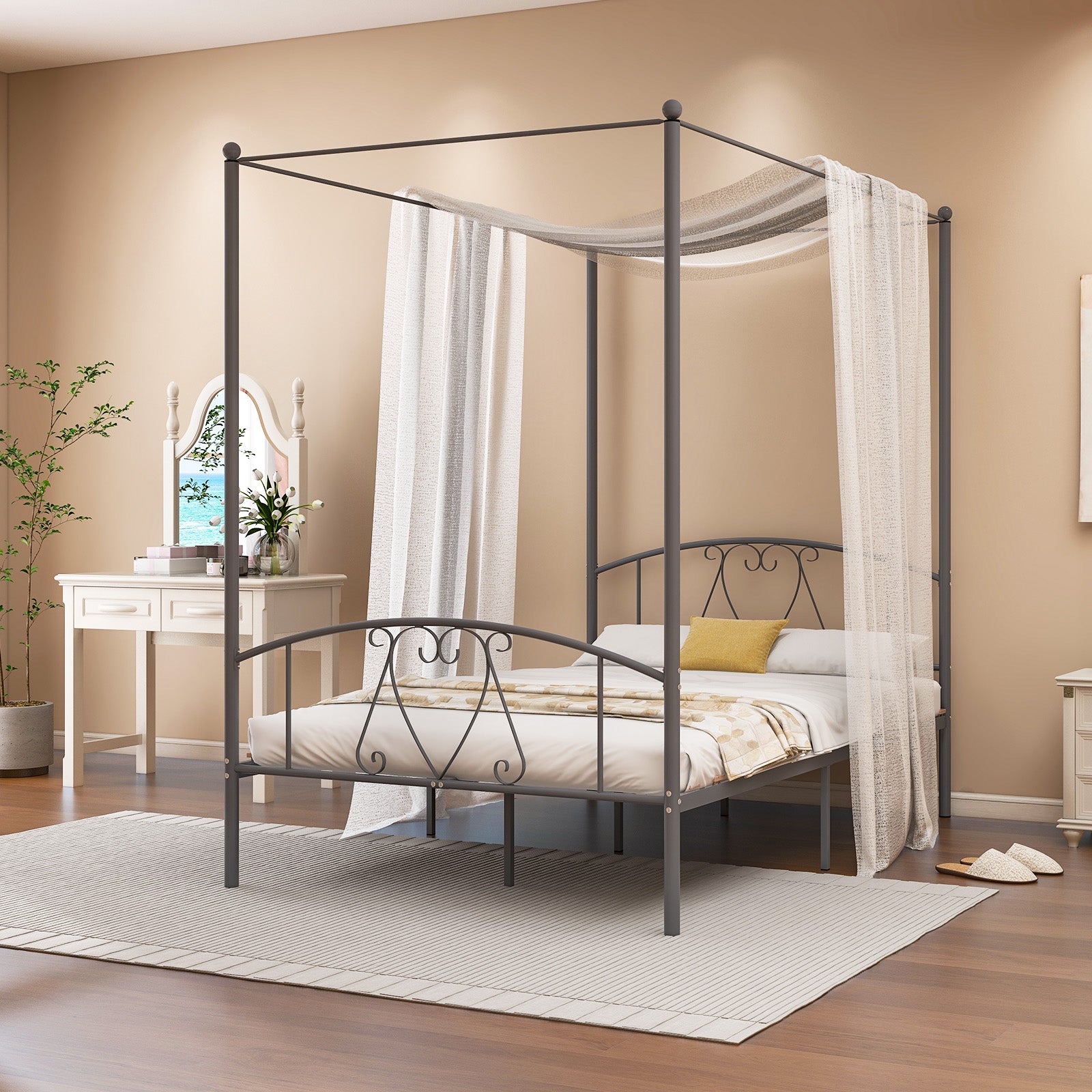 Double Size Metal Canopy Bed Frame-Grey