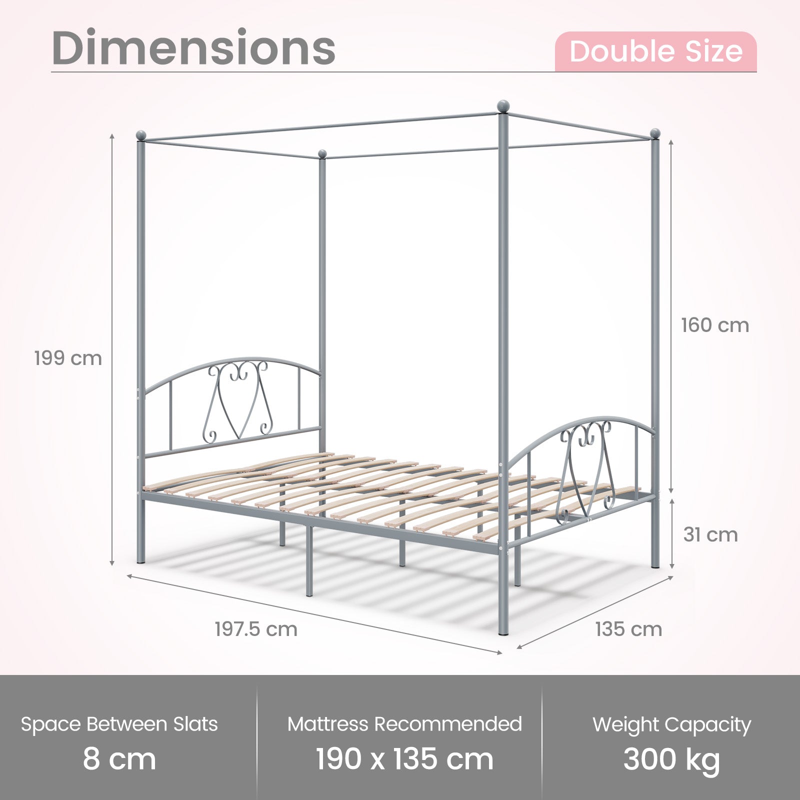 Double Size Metal Canopy Bed Frame-Grey