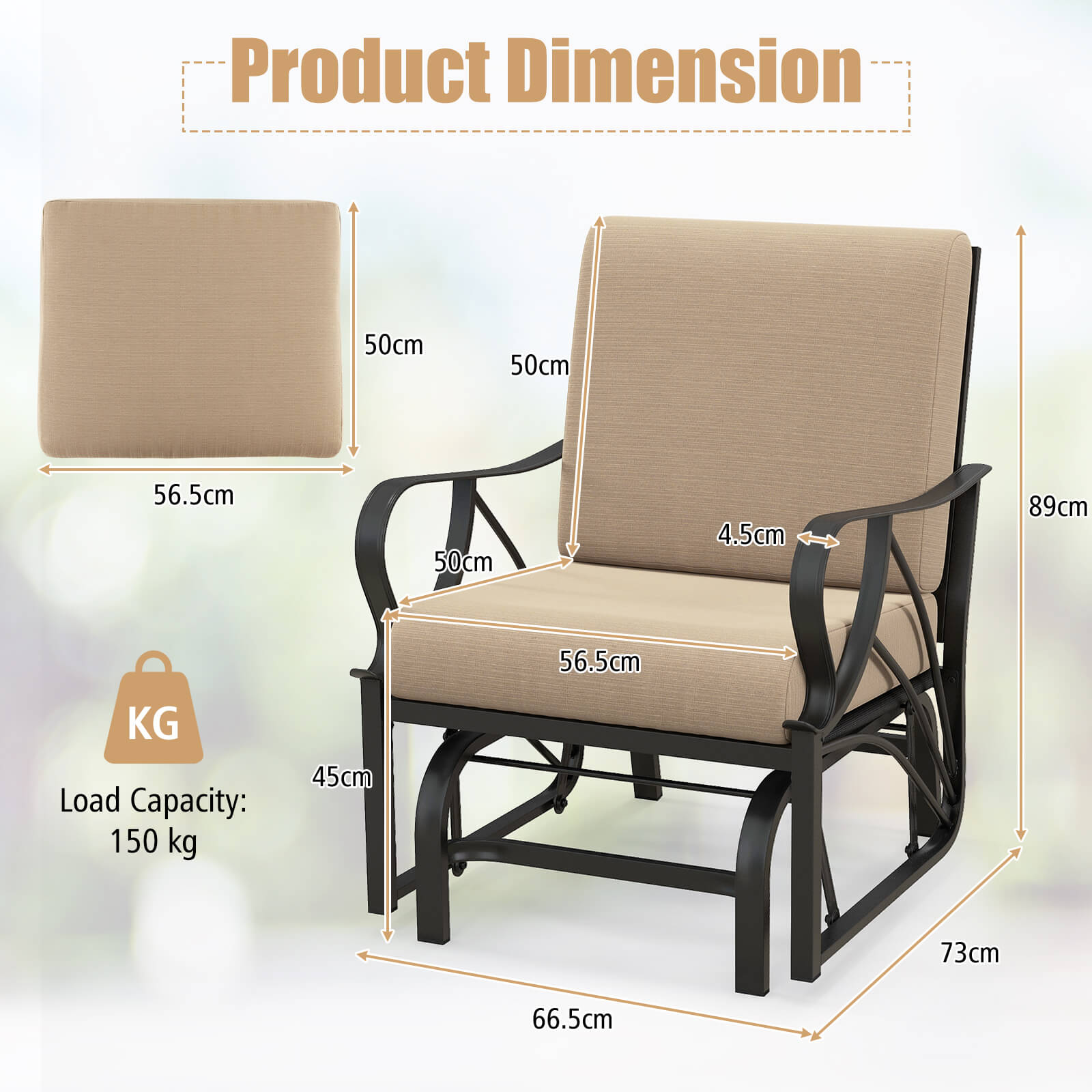 Metal Frame Outdoor Indoor Gliding Armchair with Cushion-Brown
