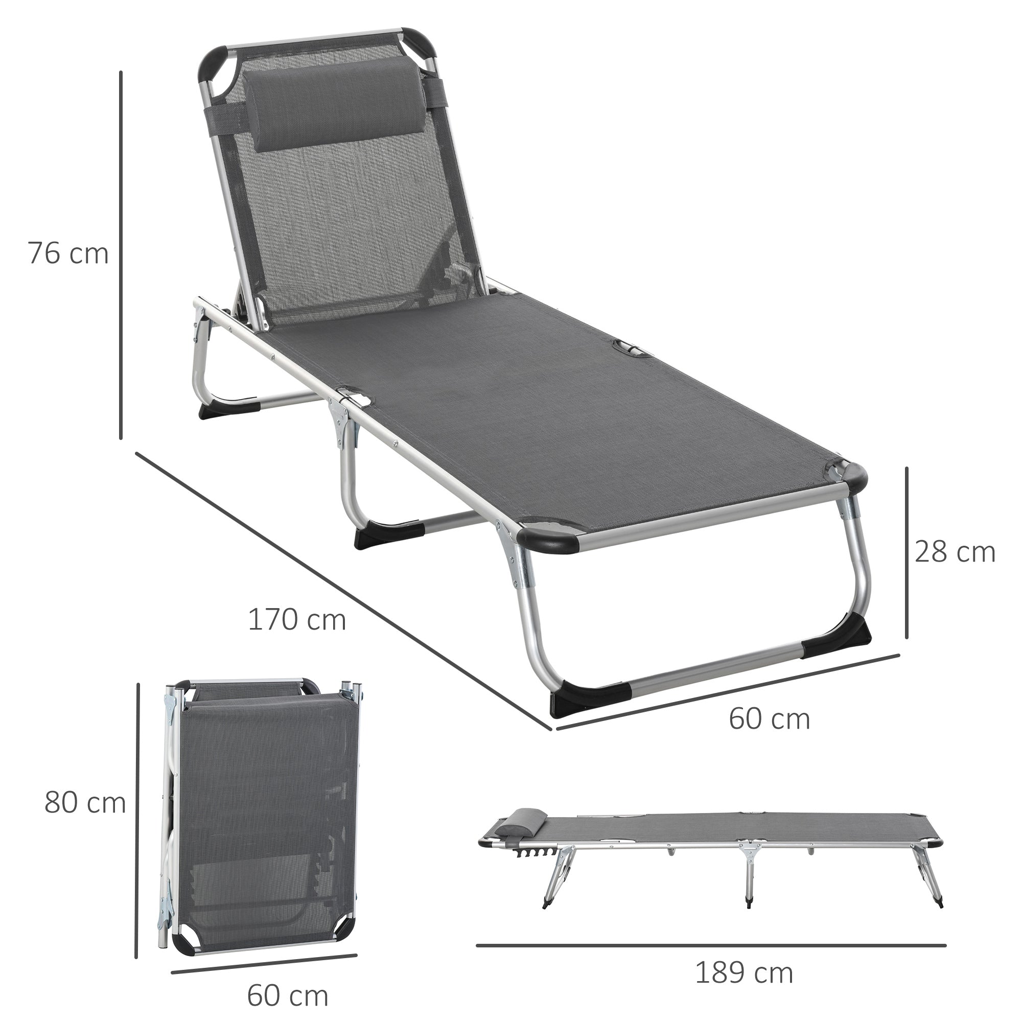 Outsunny Foldable Reclining Sun Lounger Lounge Chair Camping Bed Cot with Pillow 5-Level Adjustable Back Aluminium Frame Grey - Inspirely