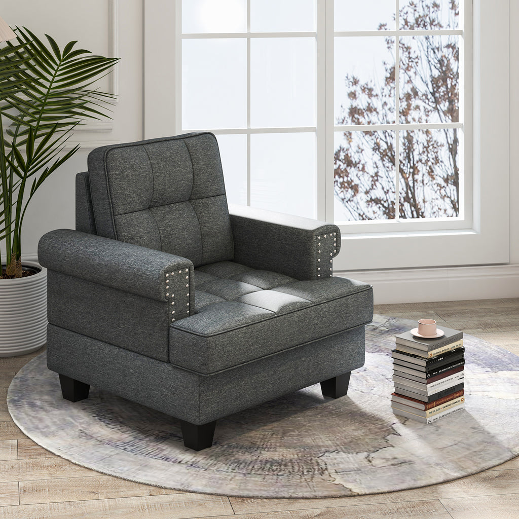 Mid-century Modern Accent Armchair Tufted Linen Club Chair with Extra Pillow-Gray