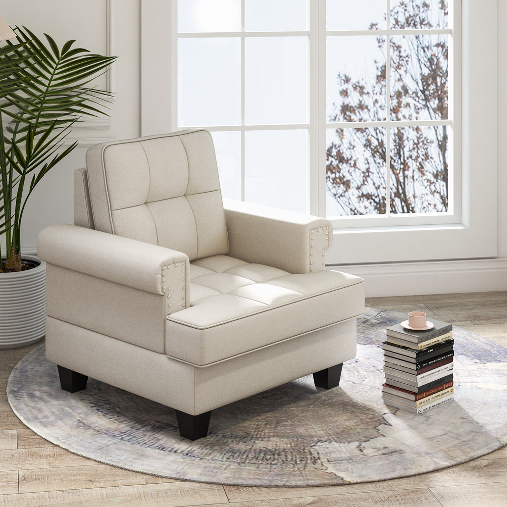 Mid-century Modern Accent Armchair Tufted Linen Club Chair with Extra Pillow-Beige