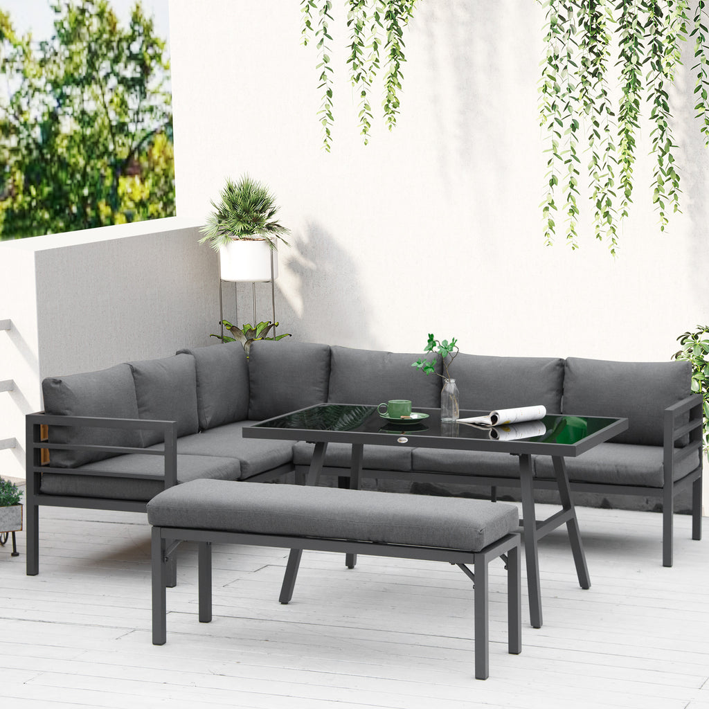 Outsunny 4 Piece L-shaped Garden Furniture Set 8-Seater Aluminium Outdoor Dining Set Conversation Sofa Set w/ Bench, Dining Table & Cushions, Grey - Inspirely