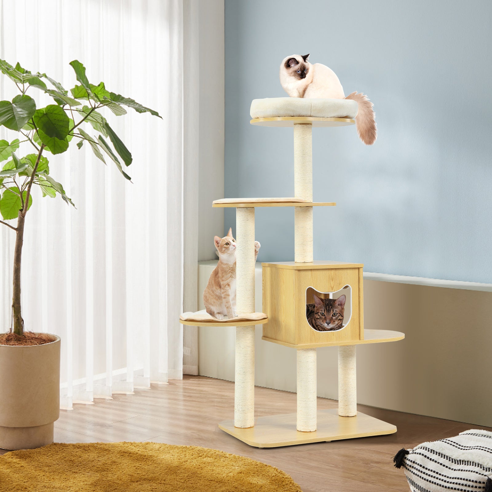 Multi-level Cat Tree with Scratching Posts Condo and Perches-Natural